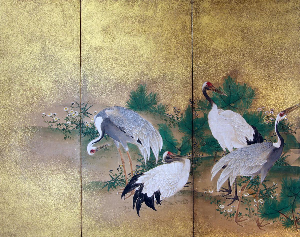 Gold Leaf 19th Century, Japanese Screen 8 Panels Flying Cranes over the Golden Landscape