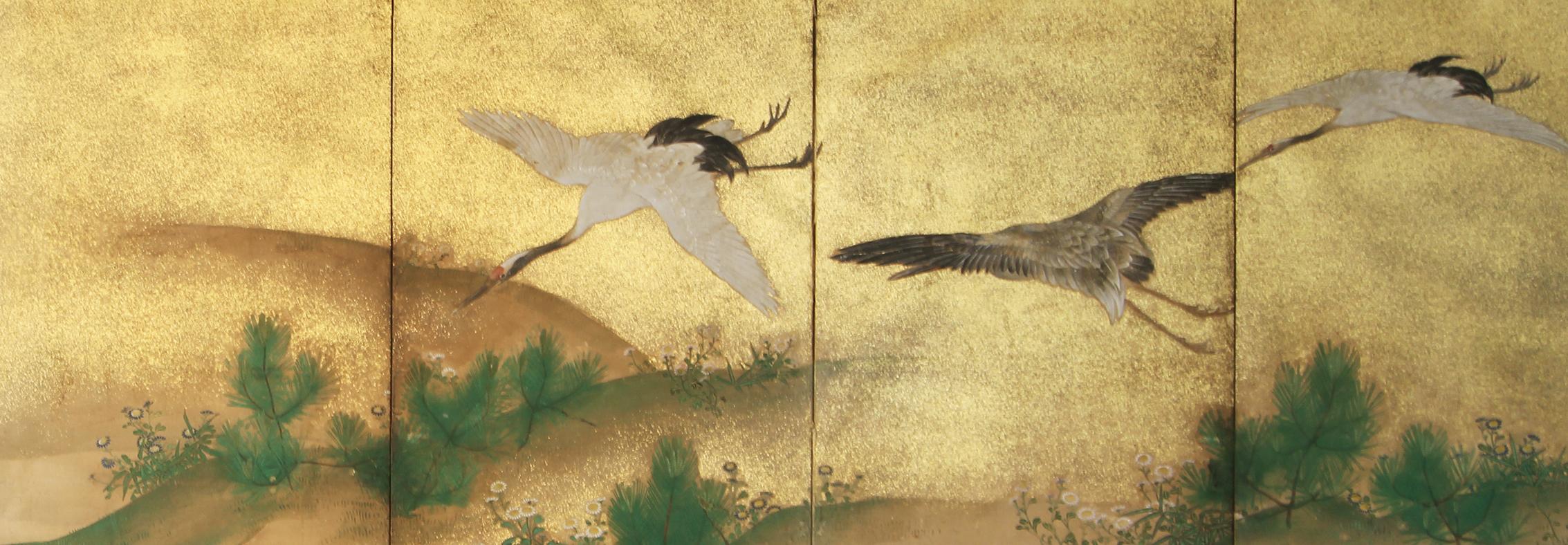 19th Century, Japanese Screen 8 Panels Flying Cranes over the Golden Landscape 1