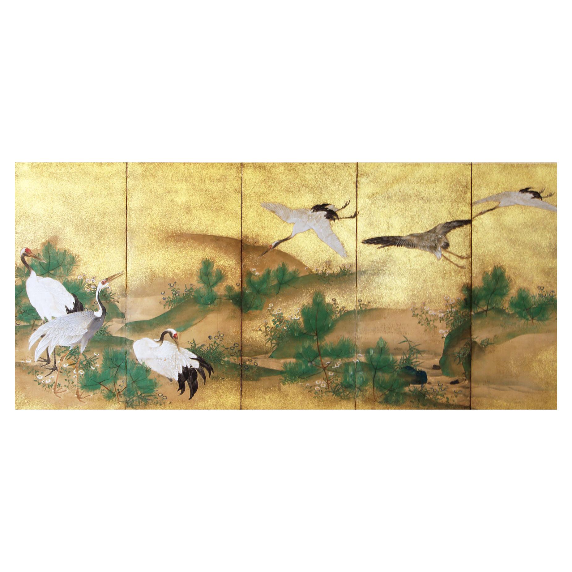 19th Century, Japanese Screen 8 Panels Flying Cranes over the Golden Landscape