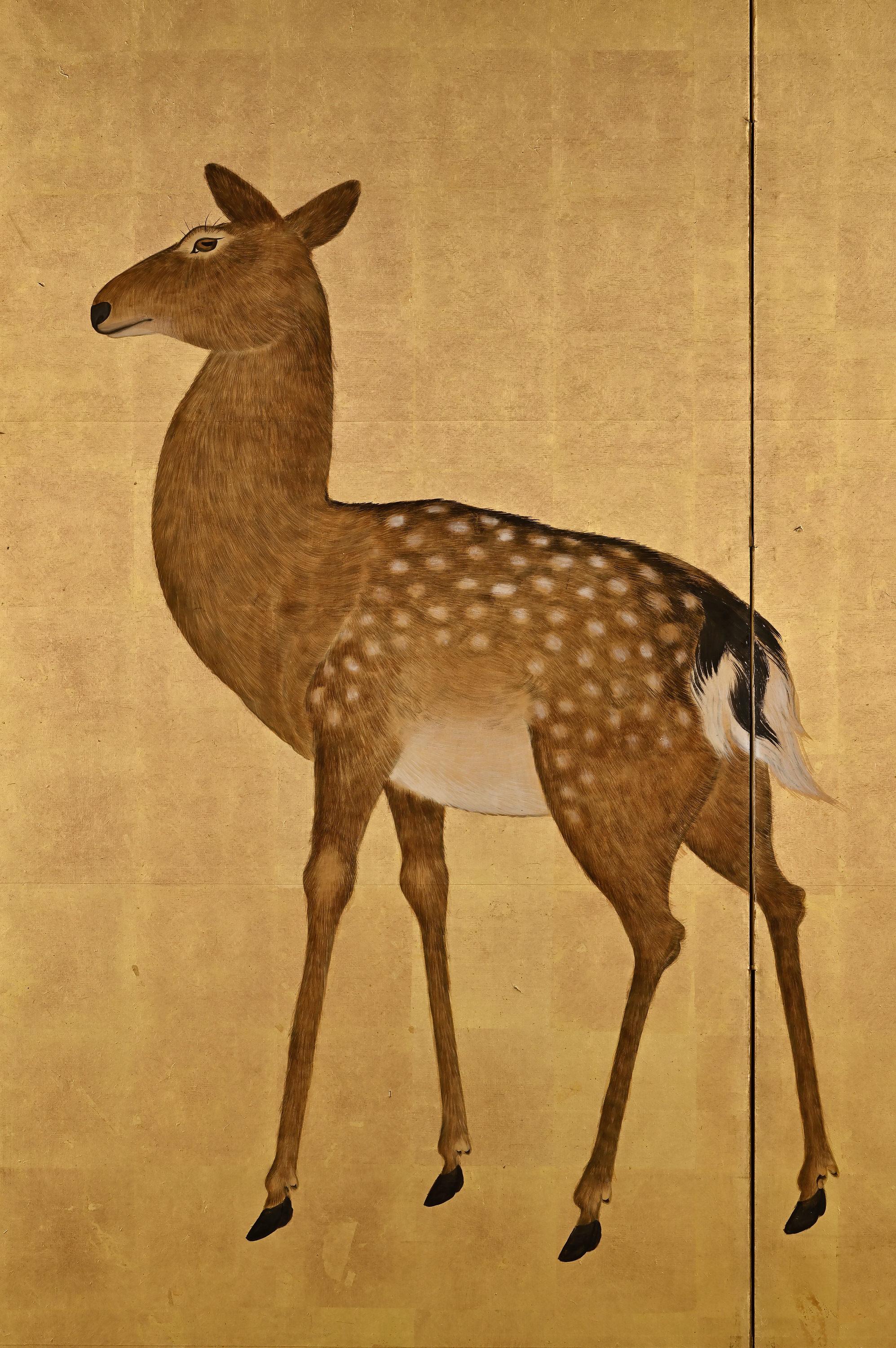 Hand-Painted 19th Century Japanese Screen, Deer in Spring, Maruyama Shijo School For Sale