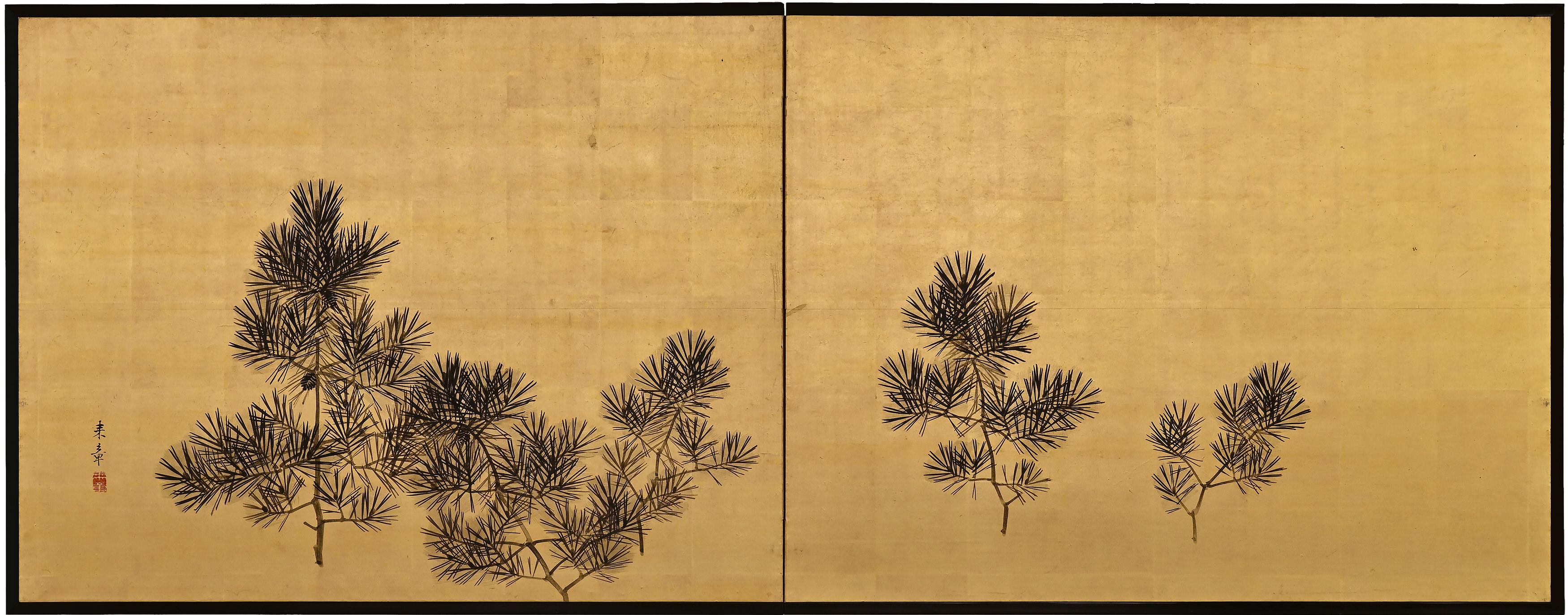 Three Friends of Winter

Nakajima Raisho (1796-1871)

Late Edo period, circa 1850

Ink and gold leaf on paper.

This is a double-sided Japanese Furosaki or tea-ceremony screen from the mid 19th century; bamboo and plum on the front, young