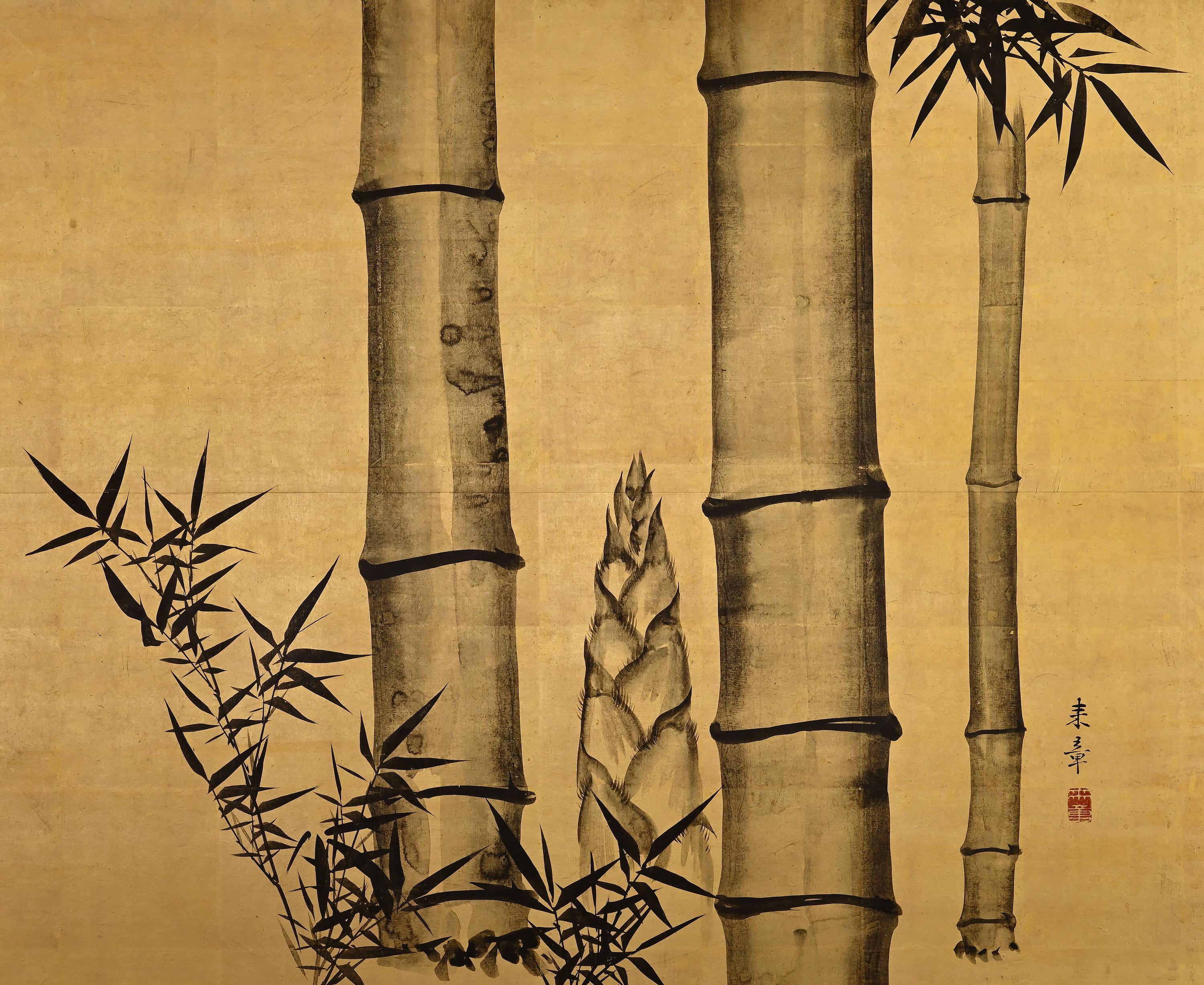 Japanischer Raumteiler des 19. Jahrhunderts fr Teeeremonie, Tinte Bambus und Pflaumenholz auf Blattgold (Edo) im Angebot