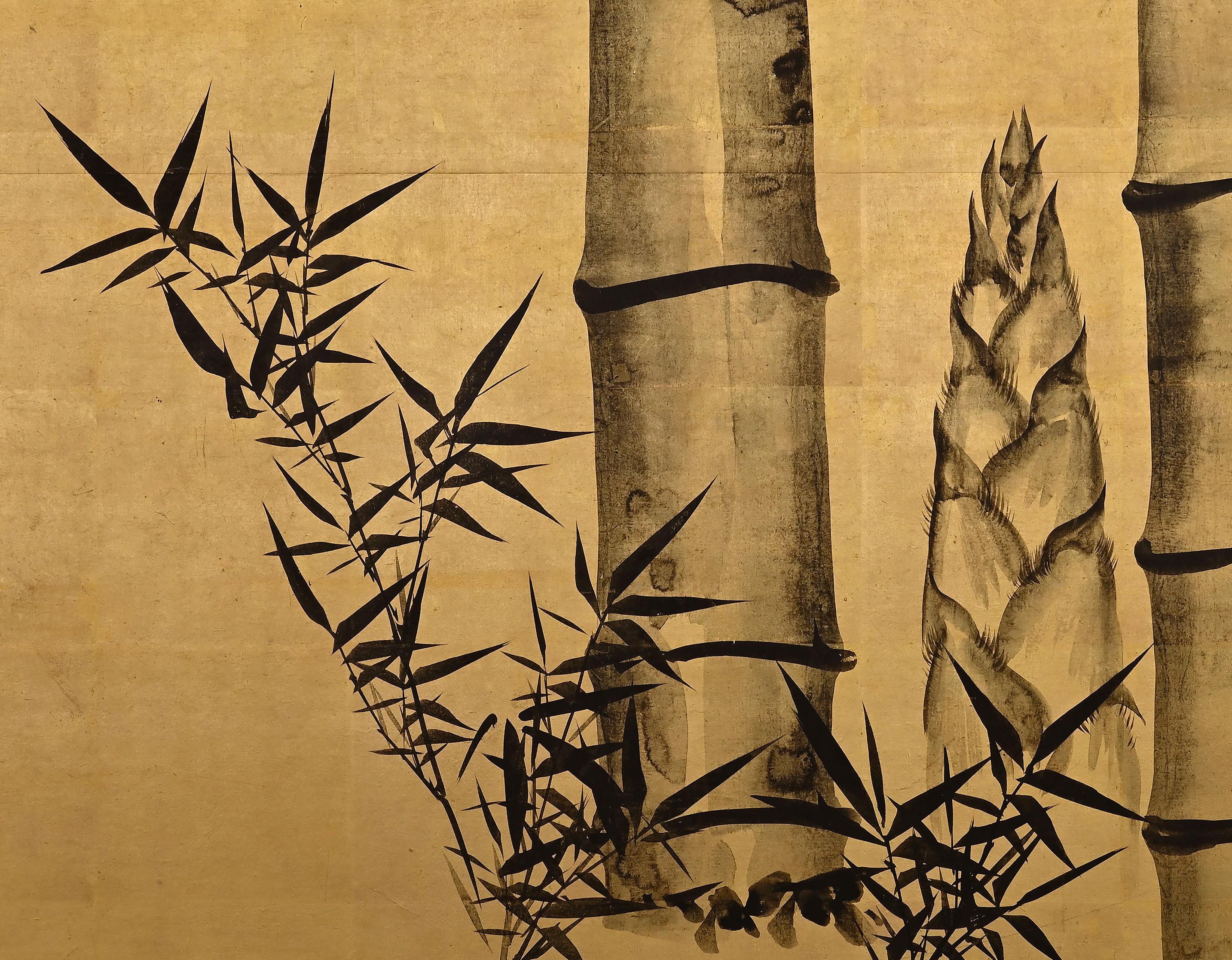 Japanischer Raumteiler des 19. Jahrhunderts fr Teeeremonie, Tinte Bambus und Pflaumenholz auf Blattgold (Handbemalt) im Angebot