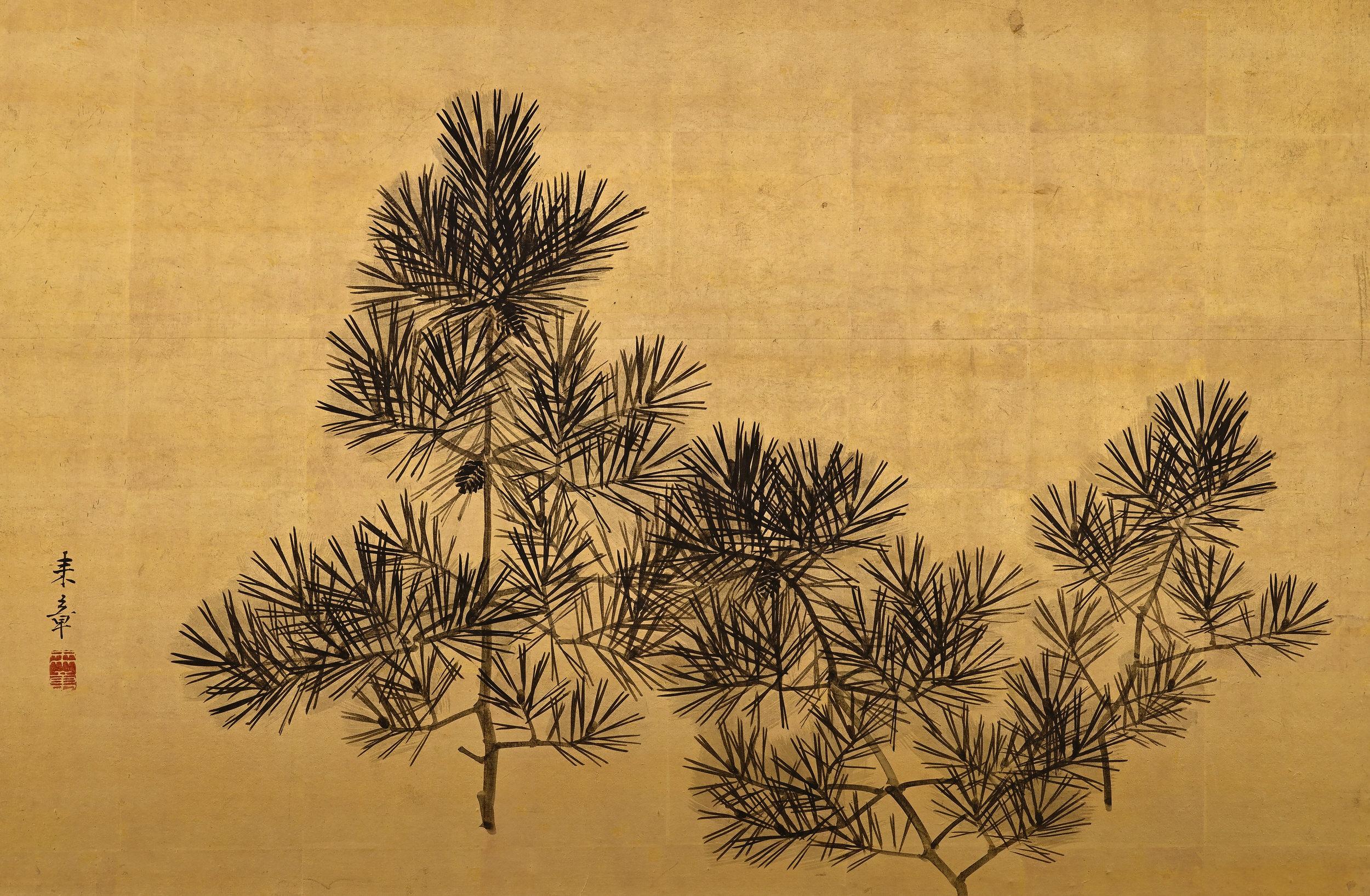 Japanischer Raumteiler des 19. Jahrhunderts fr Teeeremonie, Tinte Bambus und Pflaumenholz auf Blattgold im Angebot 2