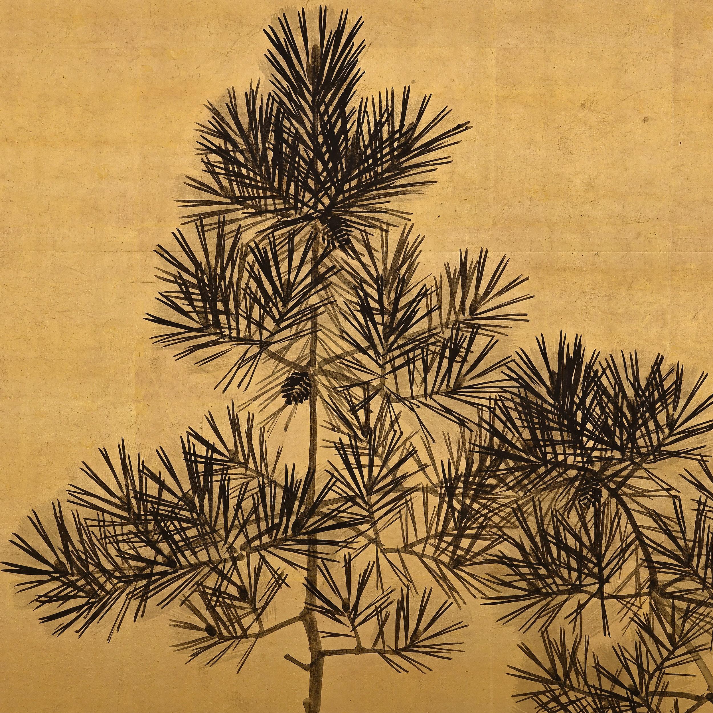 Japanischer Raumteiler des 19. Jahrhunderts fr Teeeremonie, Tinte Bambus und Pflaumenholz auf Blattgold im Angebot 3