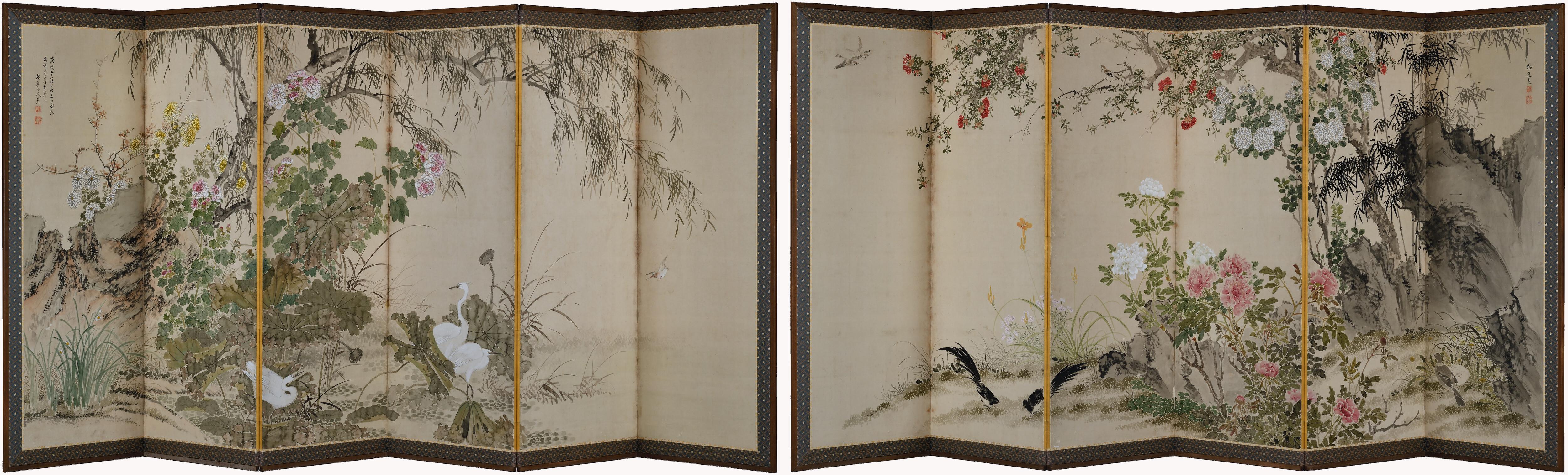 Oiseaux et fleurs des quatre saisons
Yamamoto Baiitsu (1783-1856)
Fin de la période Edo, daté de 1850

Magnifique paire de paravents japonais à six panneaux de Foldes, de Yamamoto Baitsu, représentant un paysage luxuriant qui marie harmonieusement