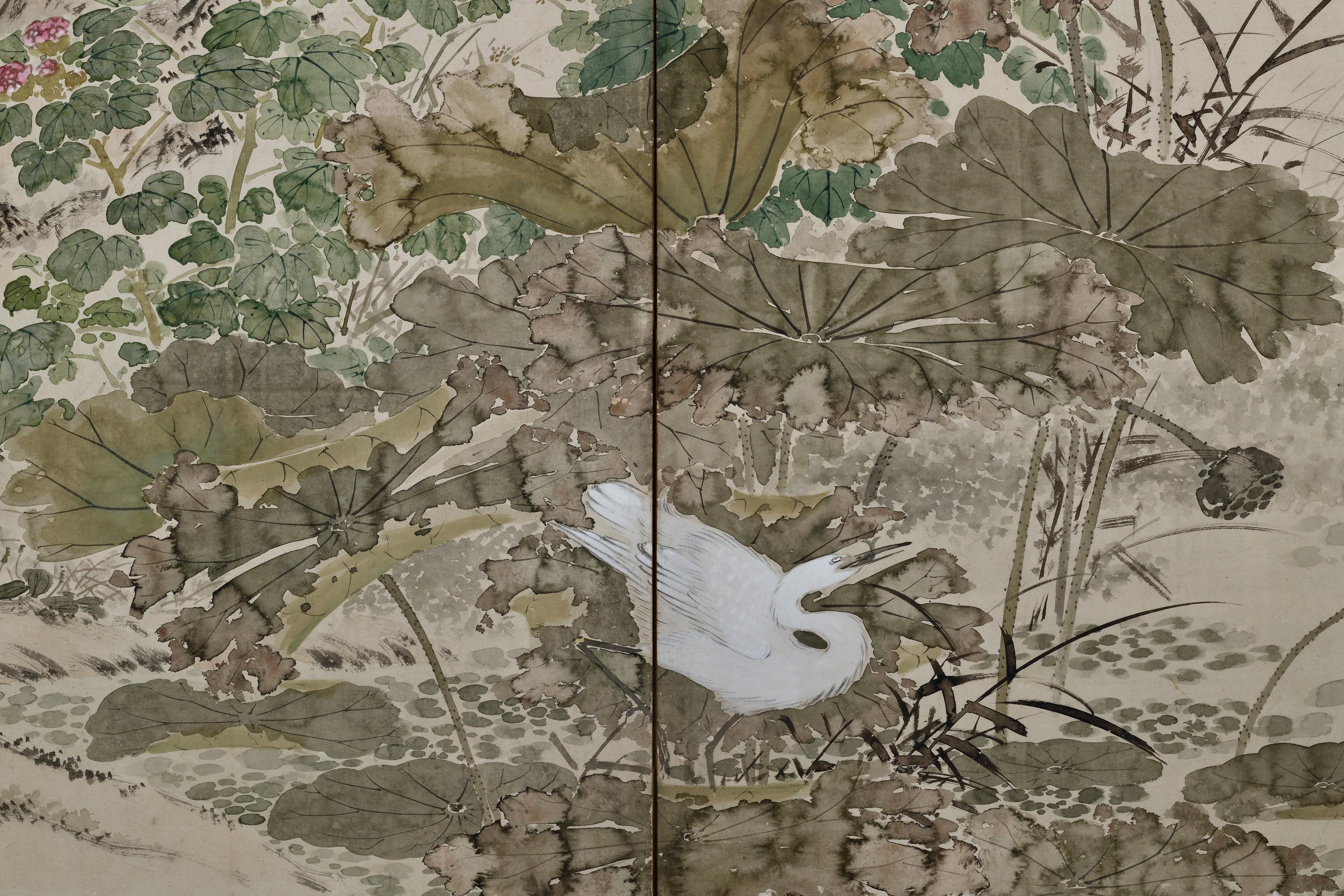 Peint à la main Paire de paravents japonais du XIXe siècle - Oiseaux et fleurs des Four Seasons en vente