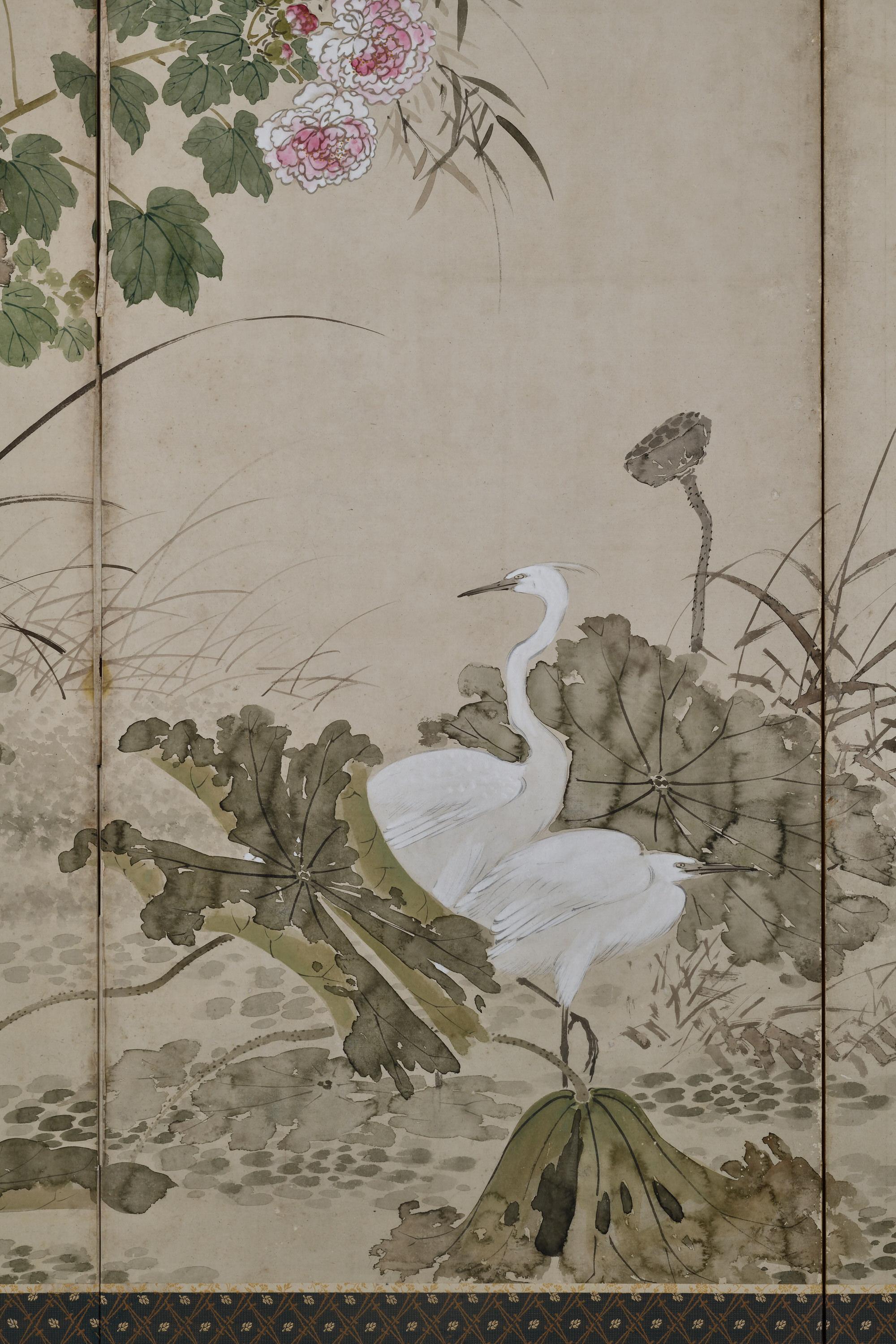Paire de paravents japonais du XIXe siècle - Oiseaux et fleurs des Four Seasons Bon état - En vente à Kyoto, JP