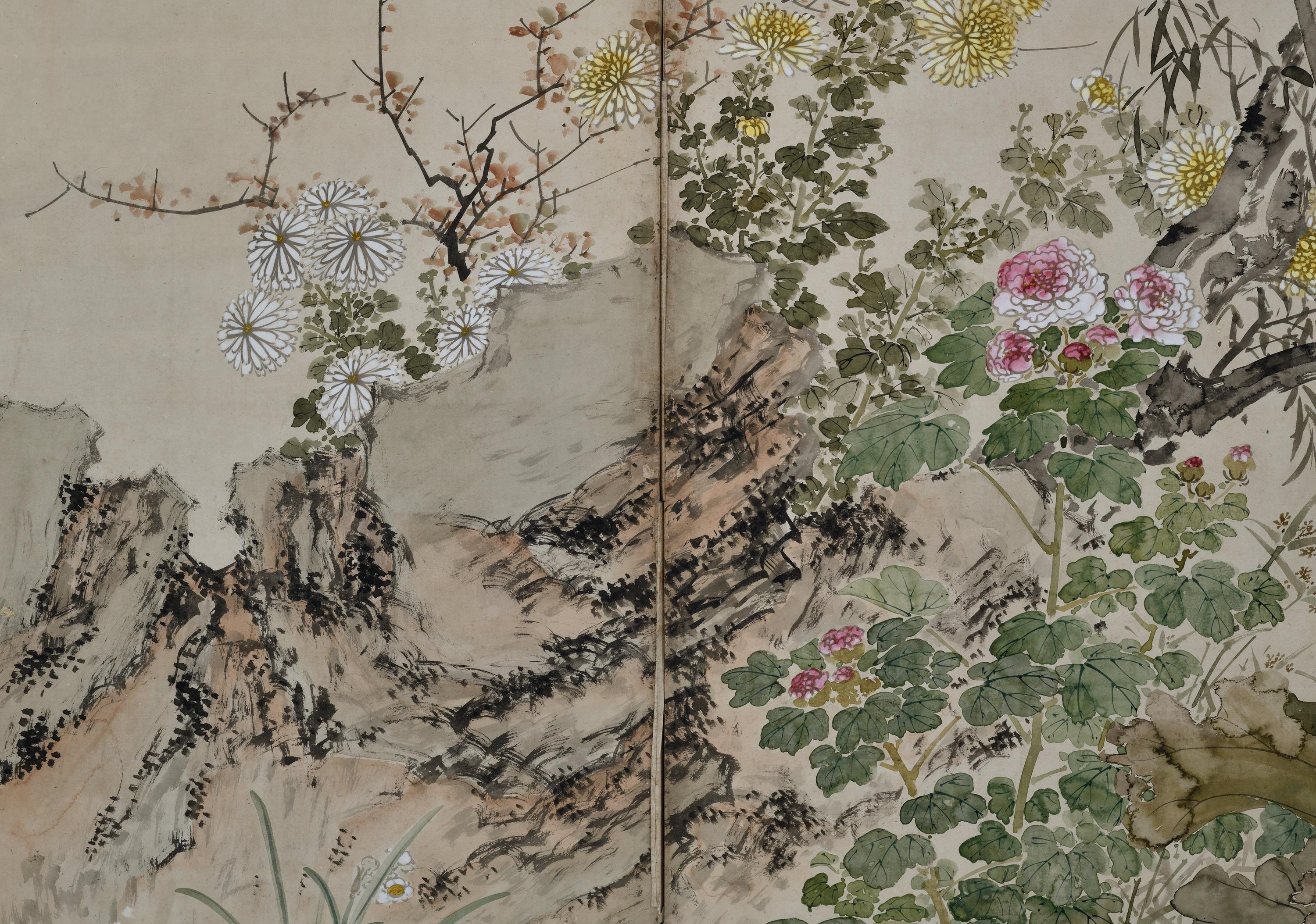 Bois Paire de paravents japonais du XIXe siècle - Oiseaux et fleurs des Four Seasons en vente