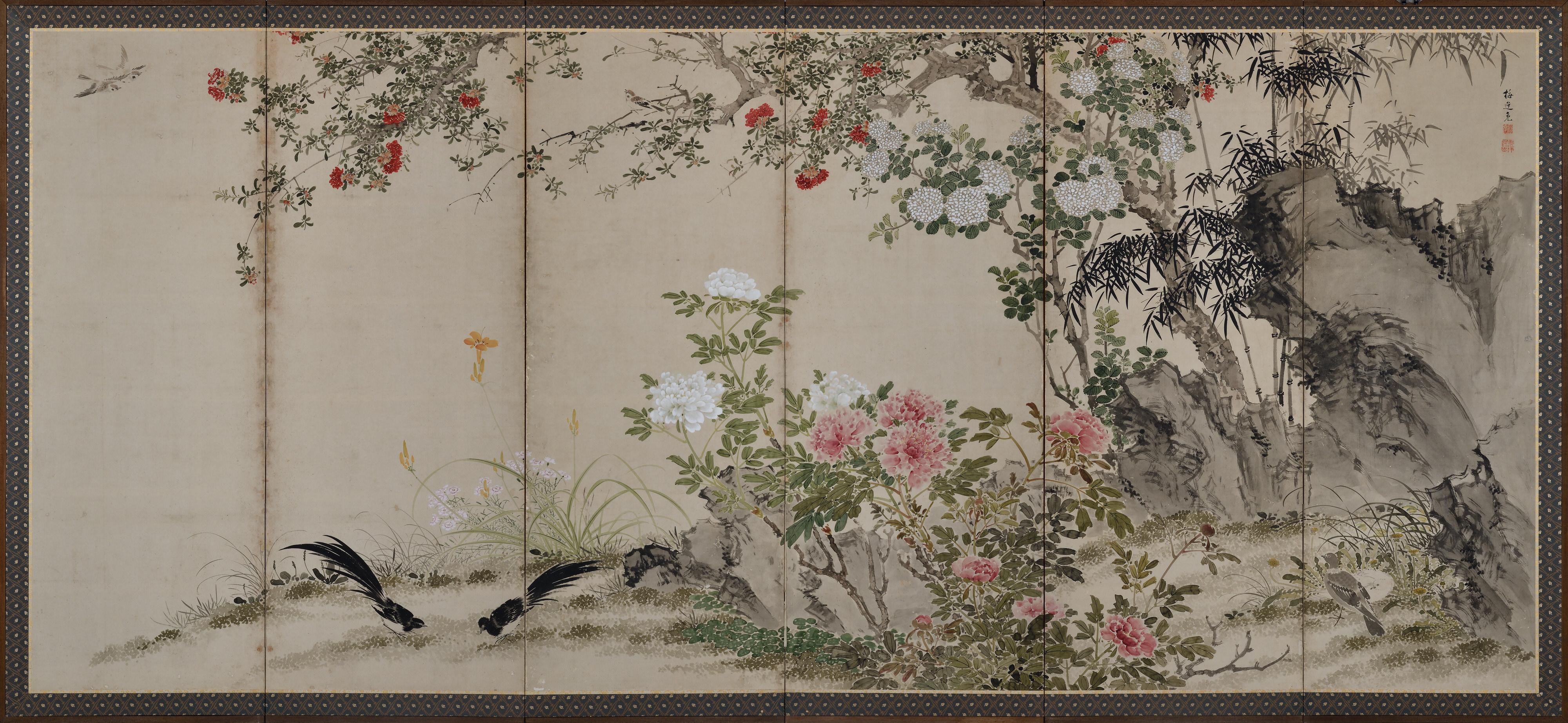 Paire de paravents japonais du XIXe siècle - Oiseaux et fleurs des Four Seasons en vente 2