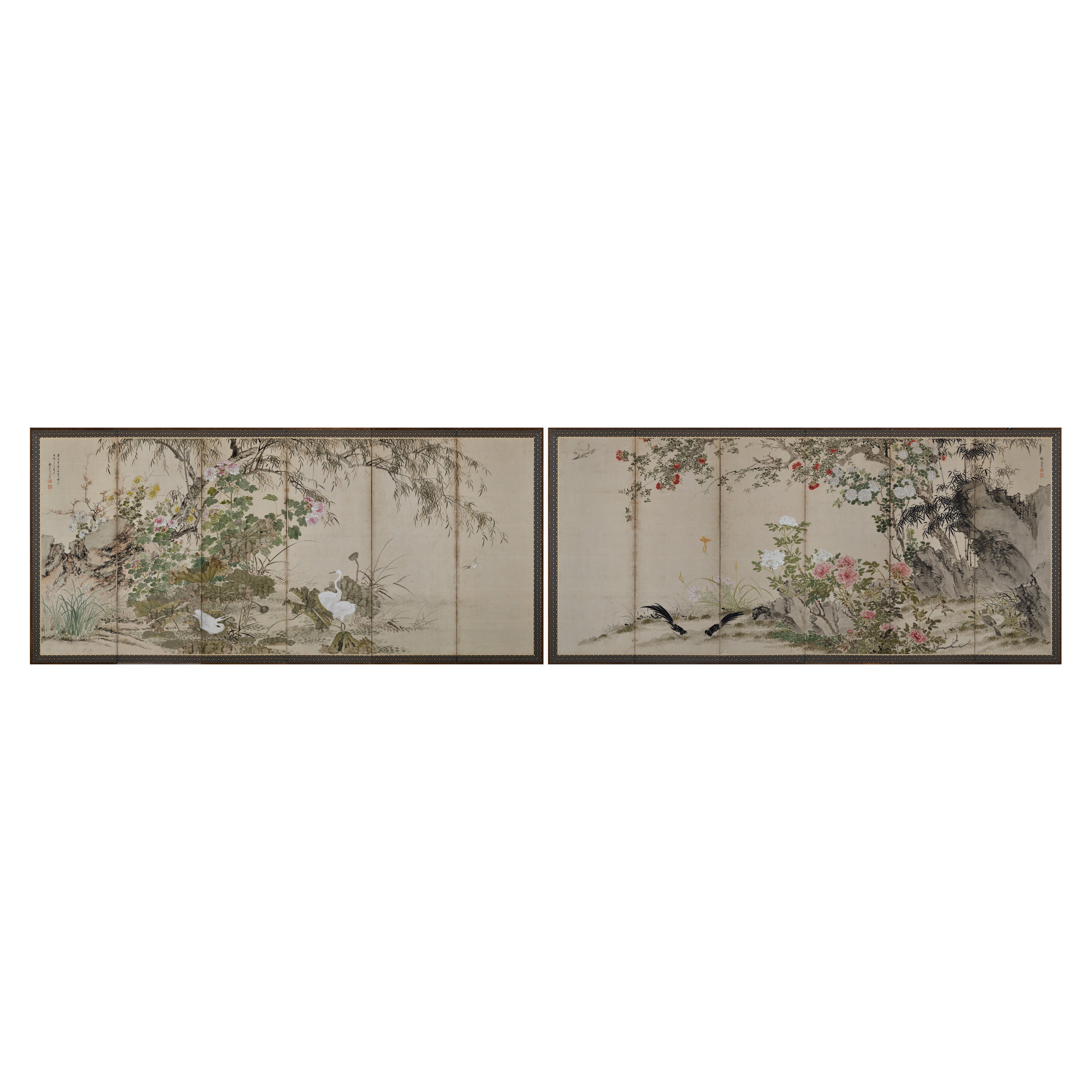 Paire de paravents japonais du XIXe siècle - Oiseaux et fleurs des Four Seasons en vente