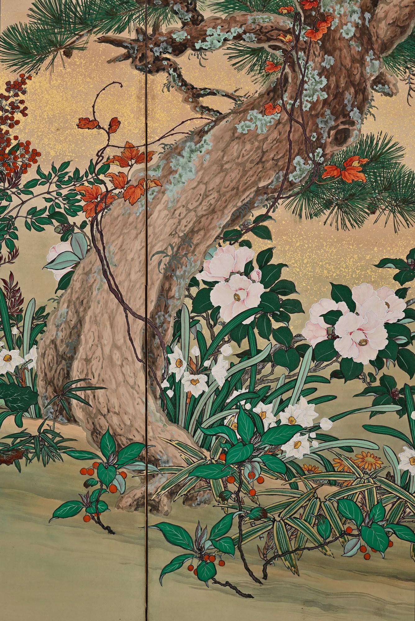 19th Century Japanese Screen Pair. Flowers & Birds of the Four Seasons For Sale 1