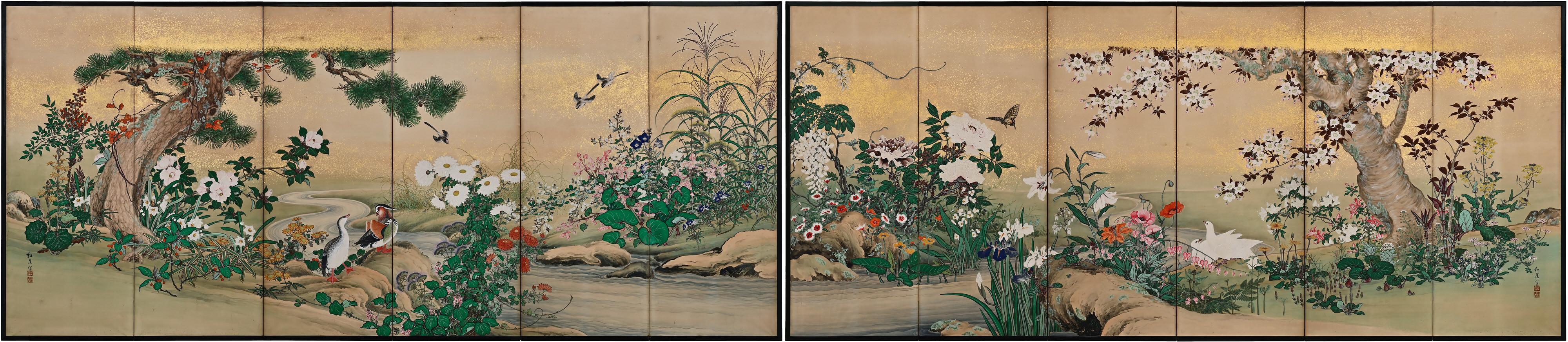Flowers & Birds of the Four Seasons

Pair of six-fold Japanese Screens. Ink, color, gofun and gold on paper.

Second half of the 19th Century

A pair of mid-size Japanese screens from the second half of the 19th century. Through precise
