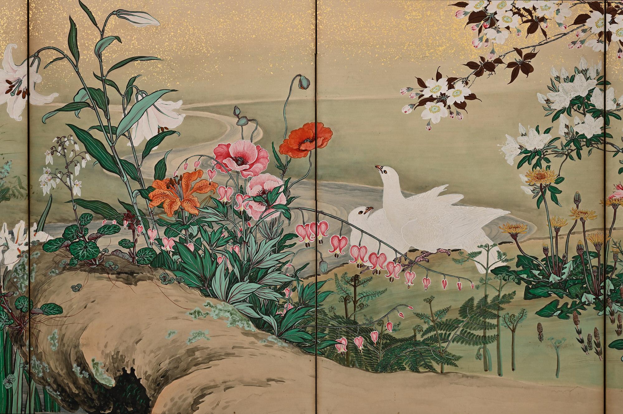Meiji 19th Century Japanese Screen Pair. Flowers & Birds of the Four Seasons For Sale