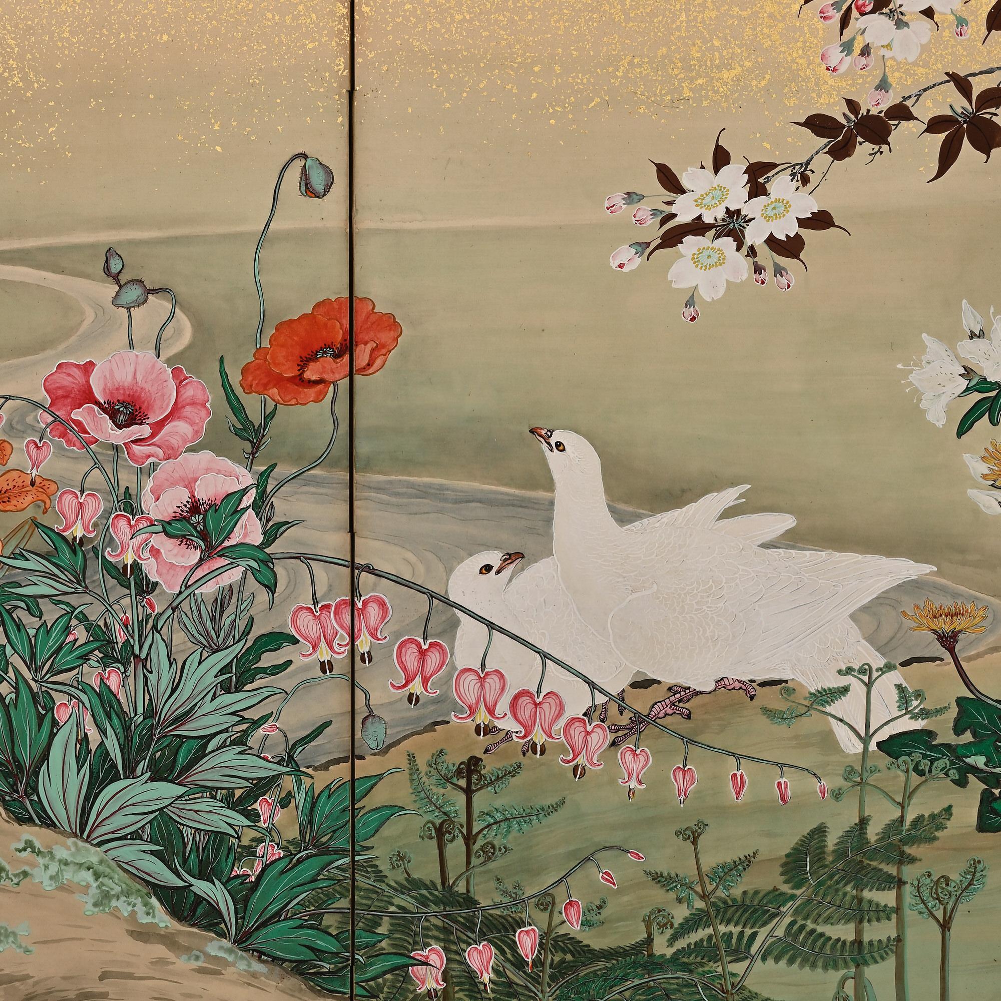 Hand-Painted 19th Century Japanese Screen Pair. Flowers & Birds of the Four Seasons For Sale