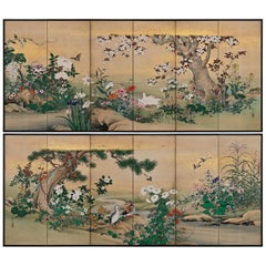 Coppia di paraventi giapponesi del XIX secolo. Fiori e uccelli delle Four Seasons.