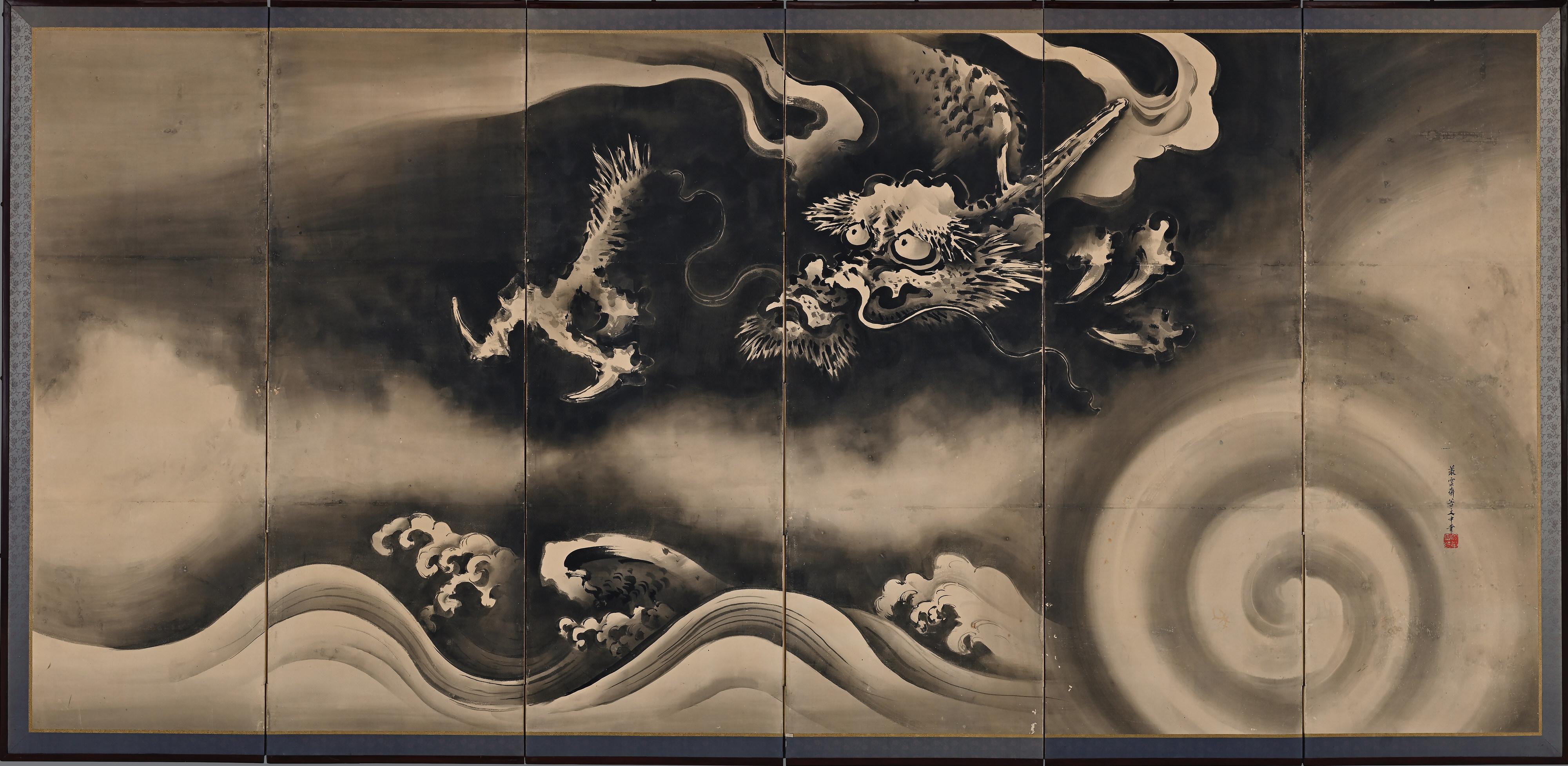 Edo 19th Century Japanese Screen Pair. Tiger & Dragon by Tani Bunchu.  For Sale