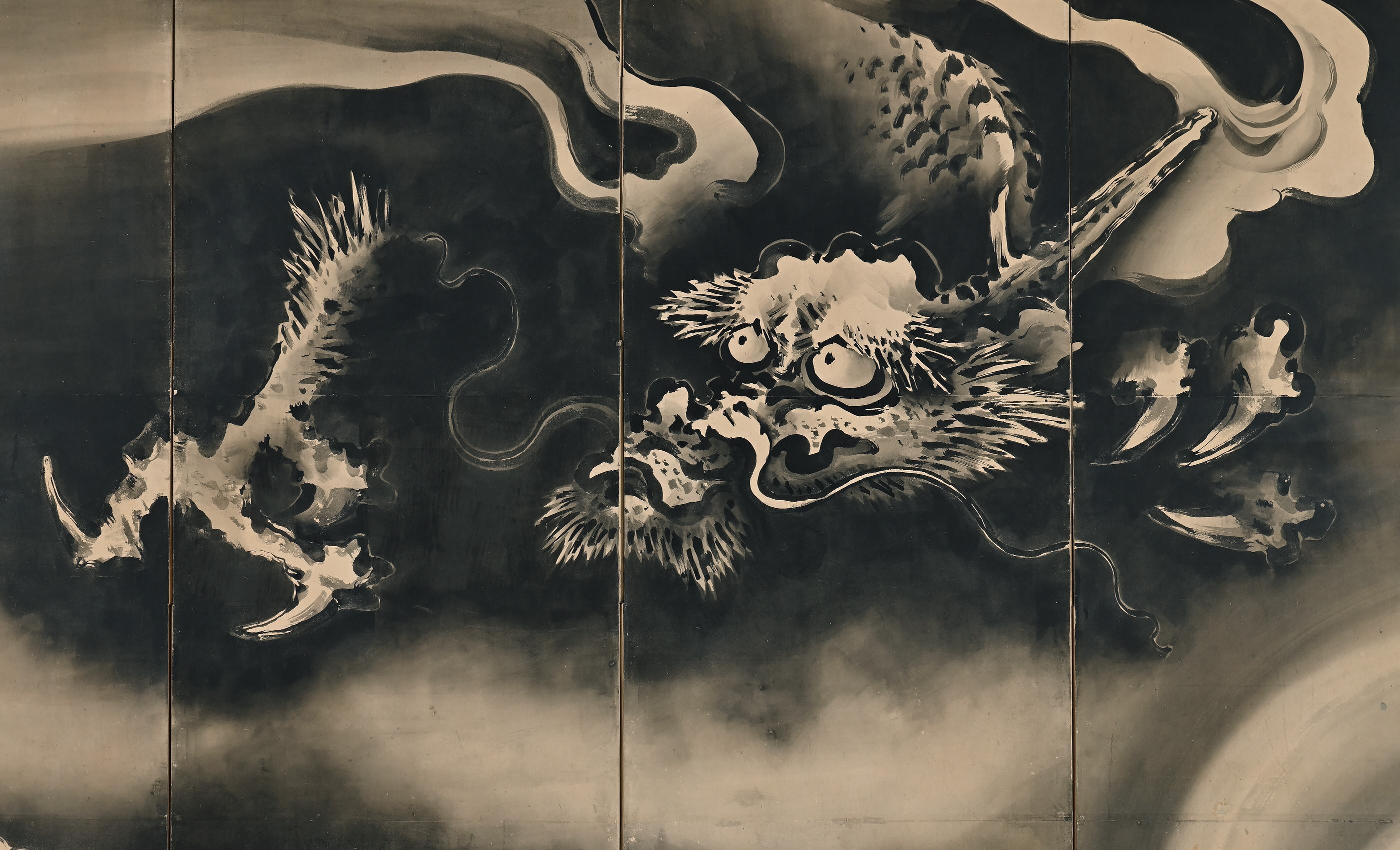 19th Century Japanese Screen Pair. Tiger & Dragon by Tani Bunchu. In Good Condition For Sale In Kyoto, JP