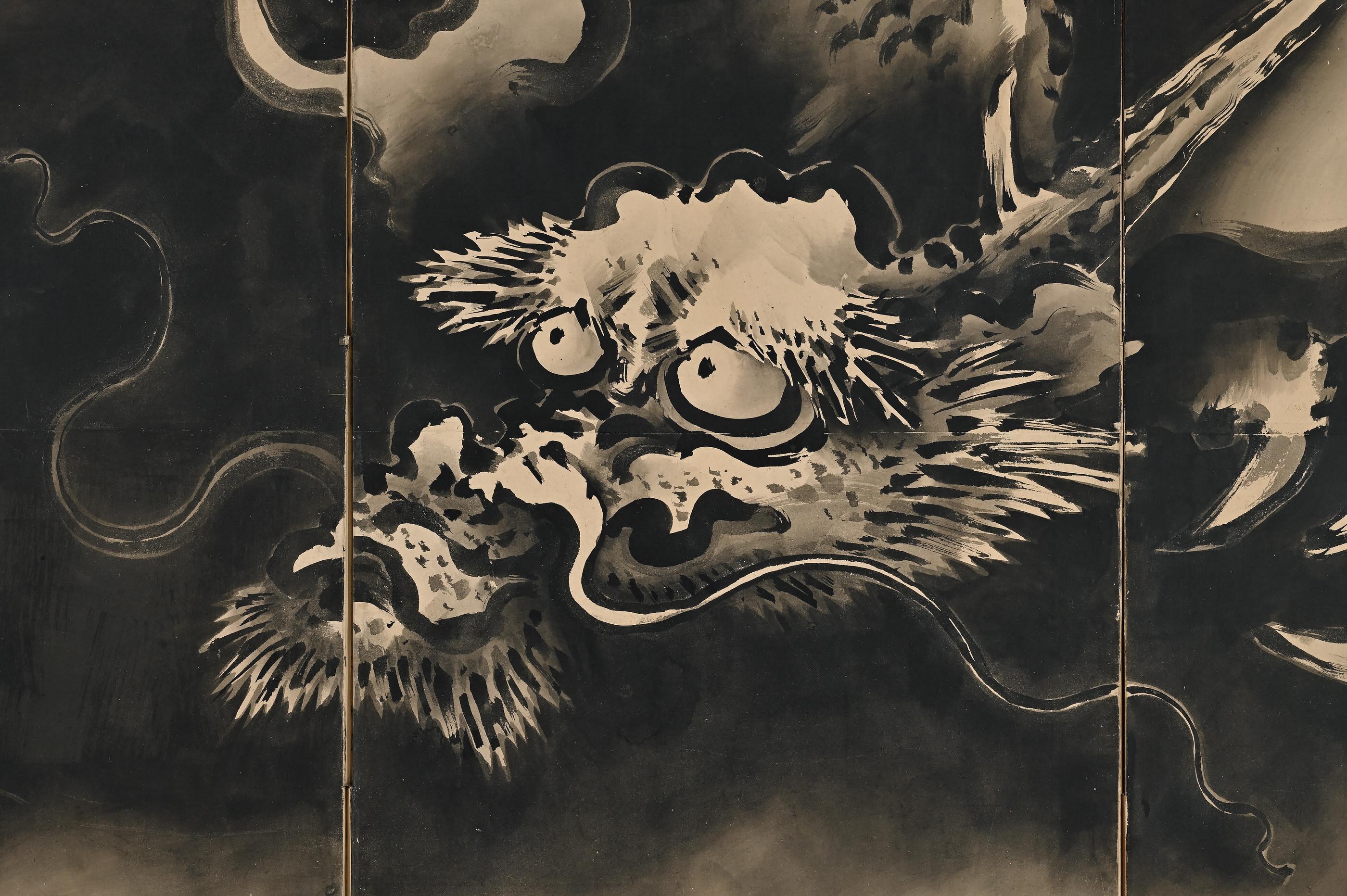 Wood 19th Century Japanese Screen Pair. Tiger & Dragon by Tani Bunchu. For Sale