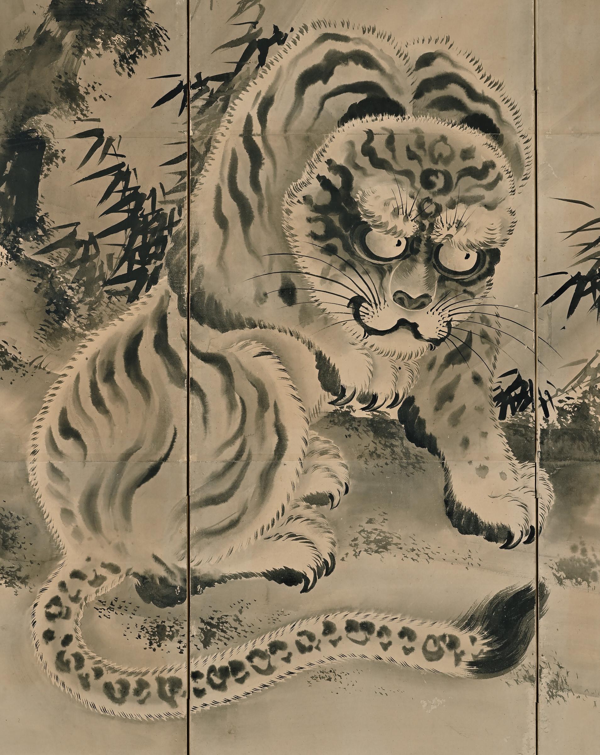 19th Century Japanese Screen Pair. Tiger & Dragon by Tani Bunchu. For Sale 1