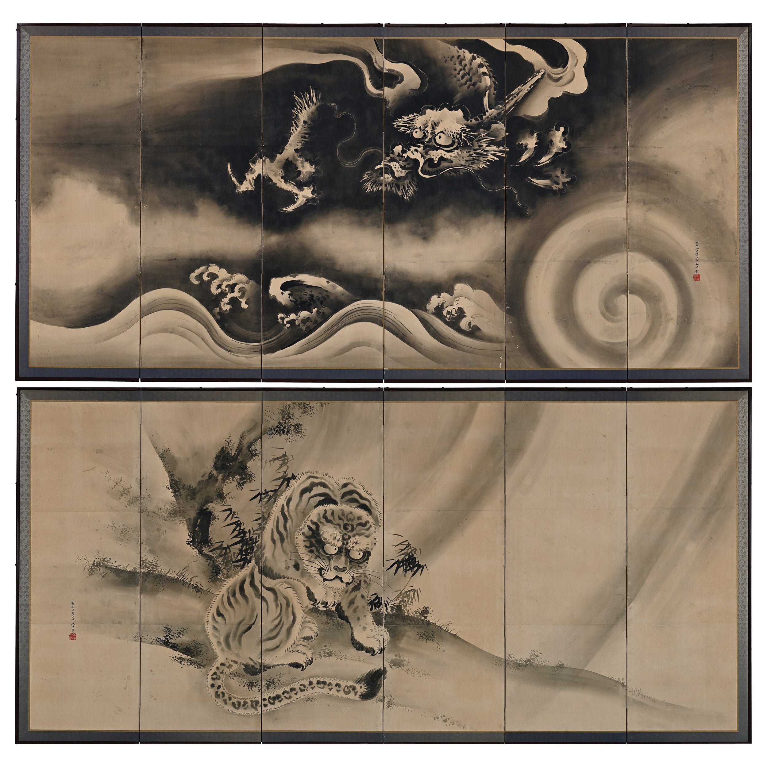 Pareja de biombos japoneses del siglo XIX. Tigre y Dragón de Tani Bunchu.