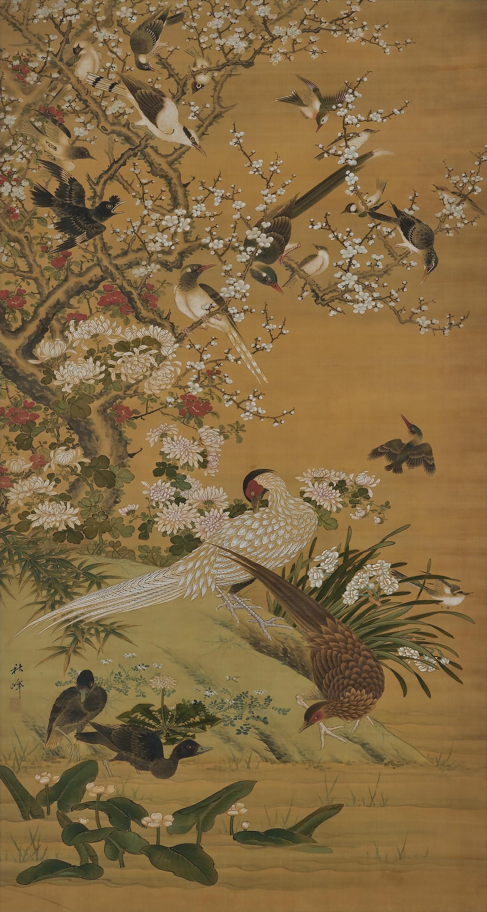 Birds and flowers of the four seasons

Early to mid-19th century

Ink, pigment and gofun on silk

Unidentified artist

Signature: Shuho

Seal: Shuho ga in

A large Japanese bird and flower scroll painting from the late Edo period. It is