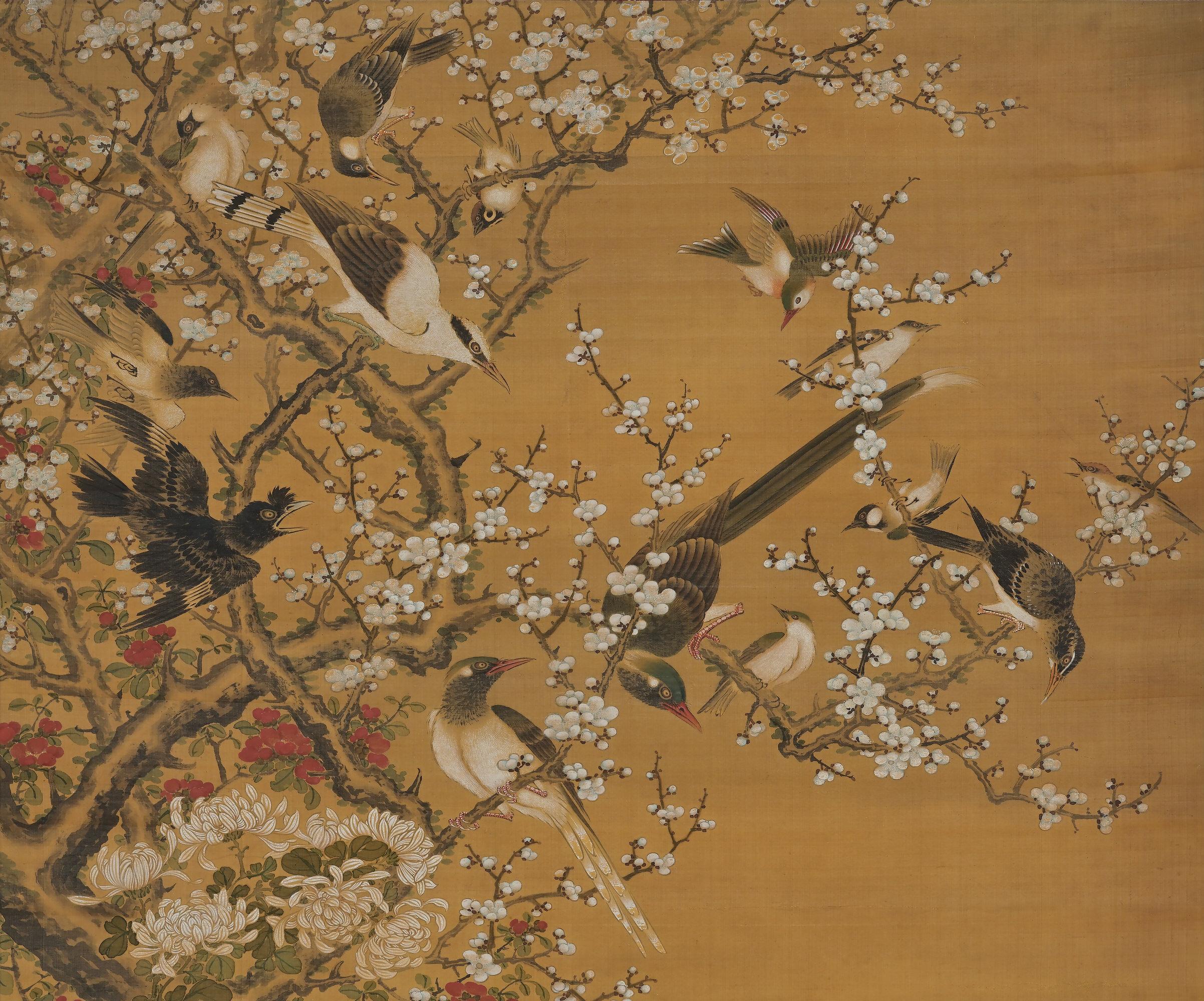 Edo Peinture sur rouleau japonaise du 19e siècle, oiseaux et fleurs des Four Seasons en vente