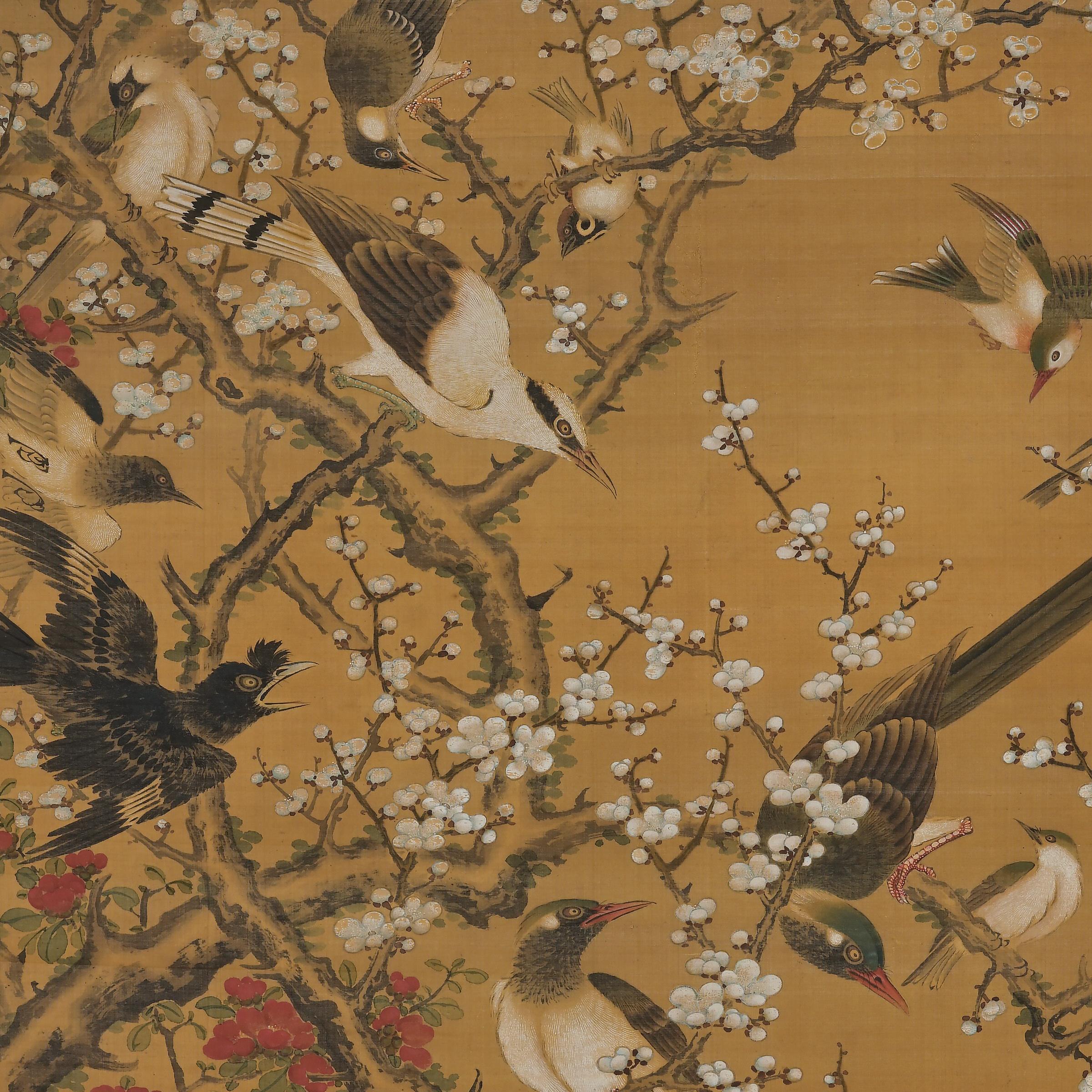 Japonais Peinture sur rouleau japonaise du 19e siècle, oiseaux et fleurs des Four Seasons en vente