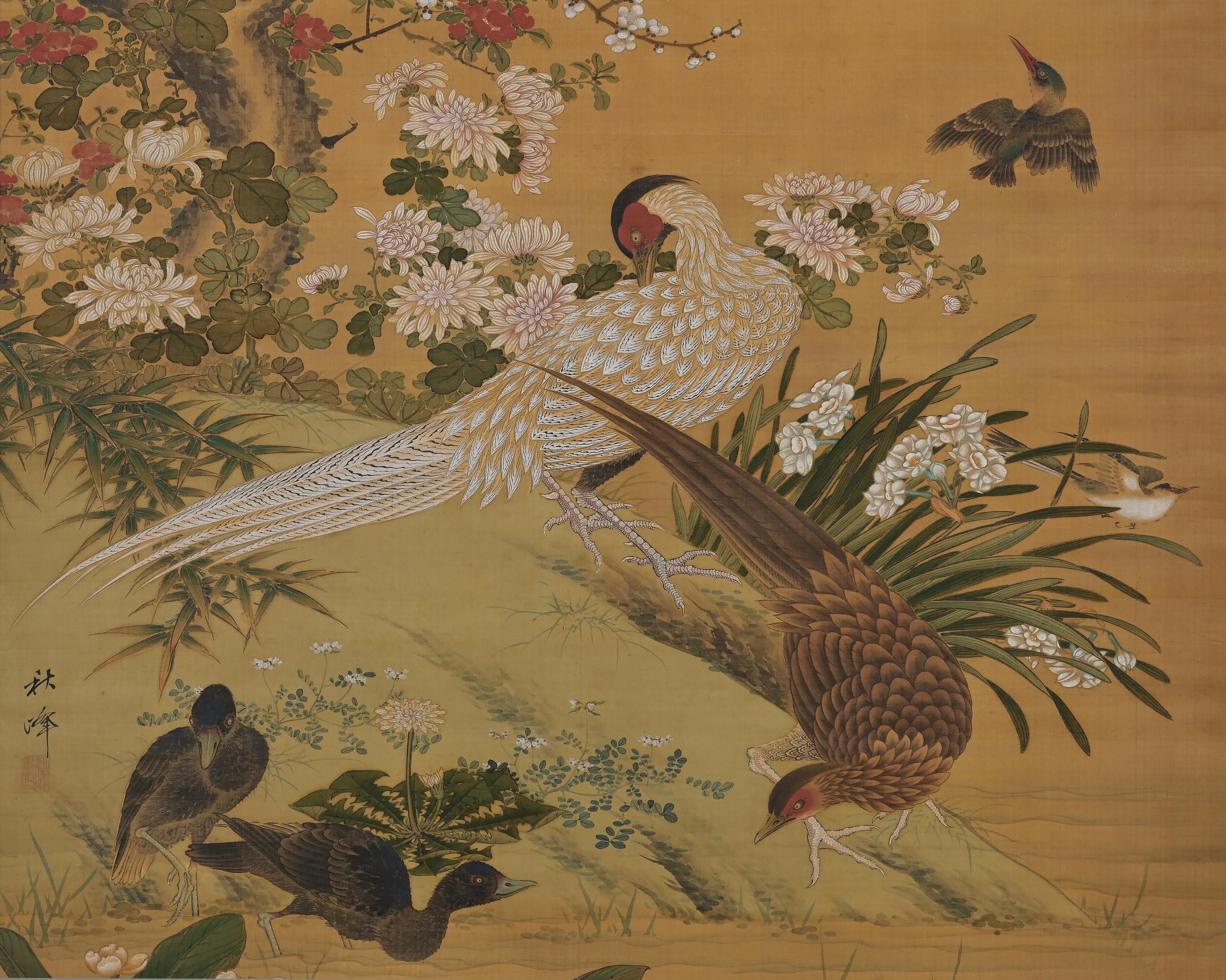 Peint à la main Peinture sur rouleau japonaise du 19e siècle, oiseaux et fleurs des Four Seasons en vente