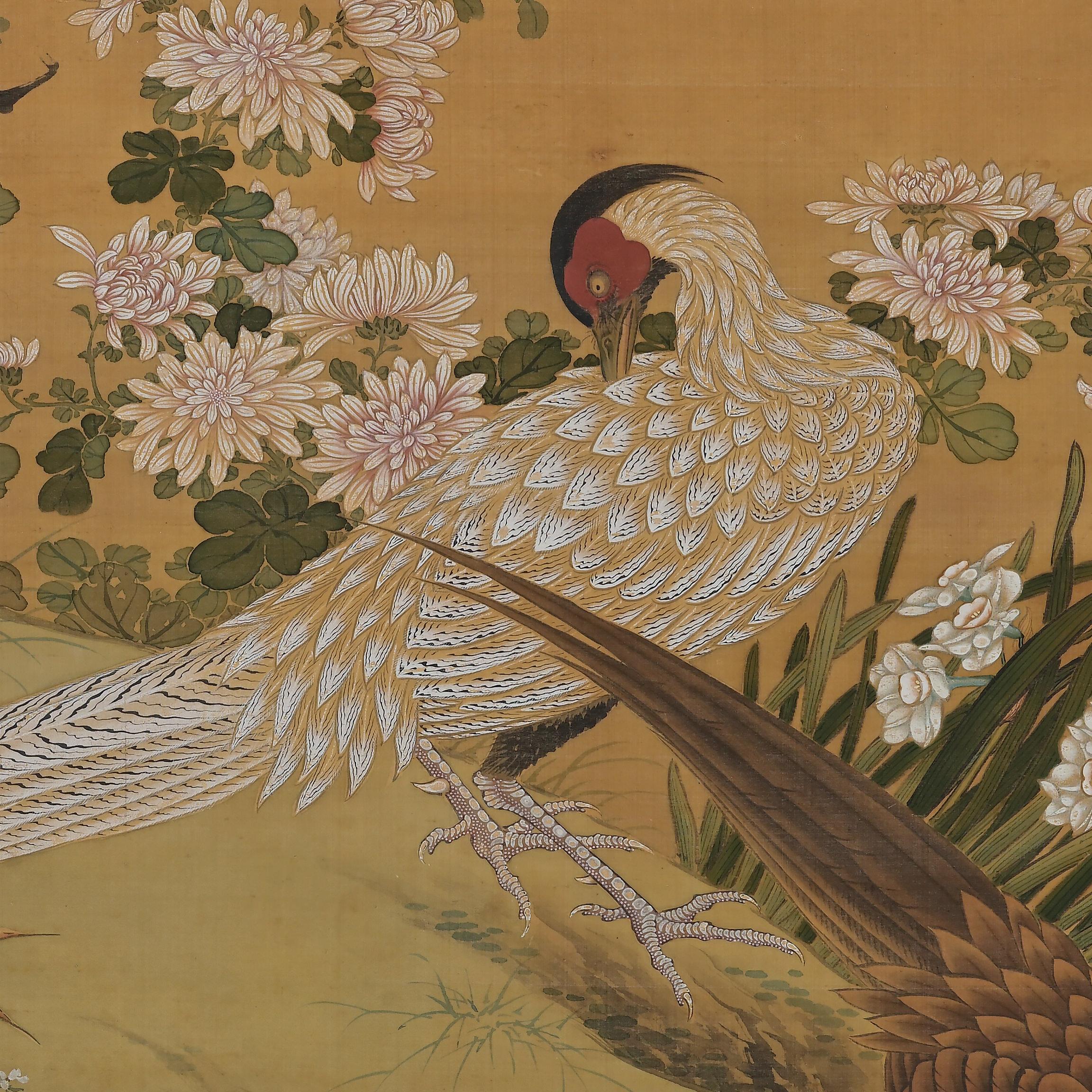 Peinture sur rouleau japonaise du 19e siècle, oiseaux et fleurs des Four Seasons Bon état - En vente à Kyoto, JP