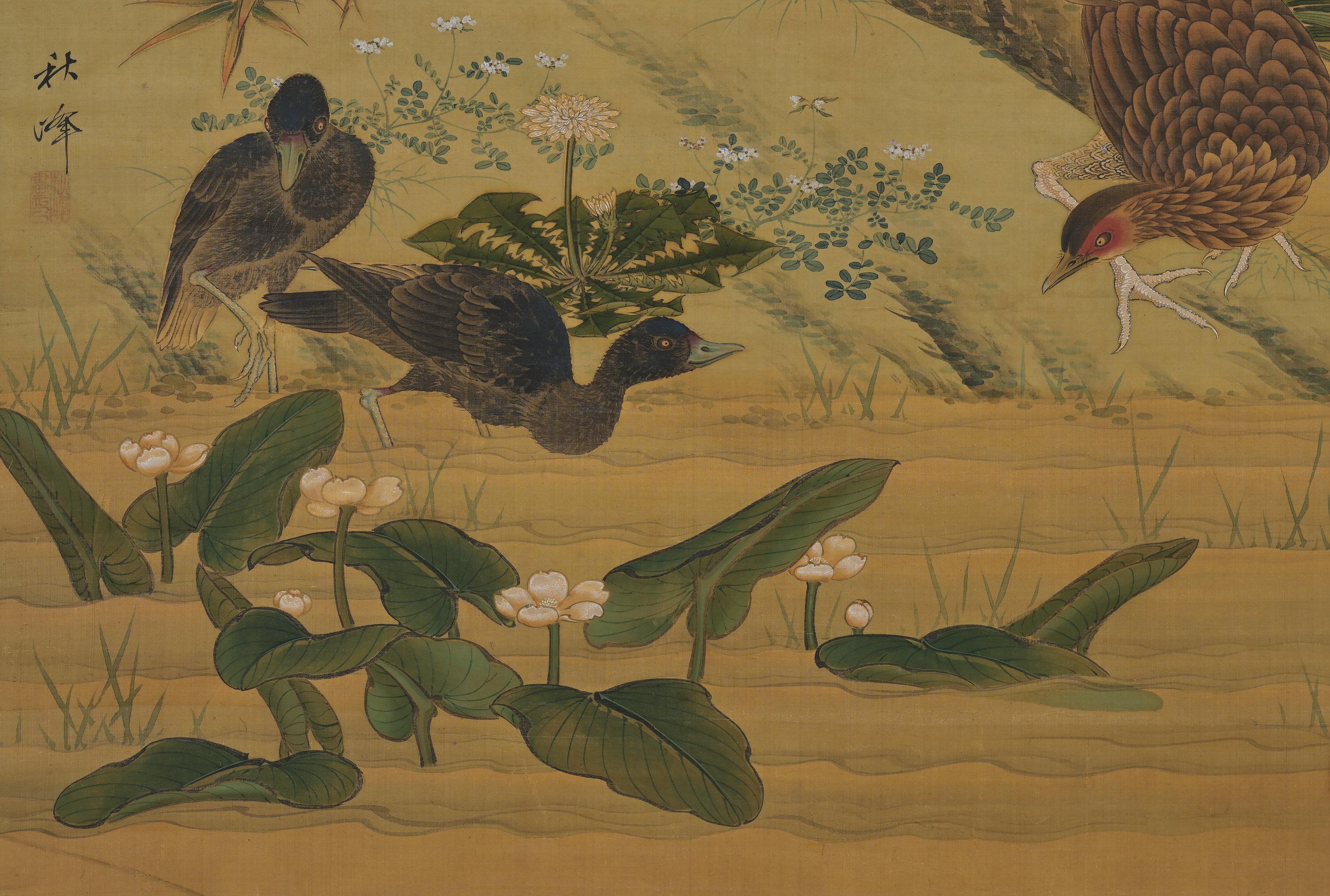 Milieu du XIXe siècle Peinture sur rouleau japonaise du 19e siècle, oiseaux et fleurs des Four Seasons en vente