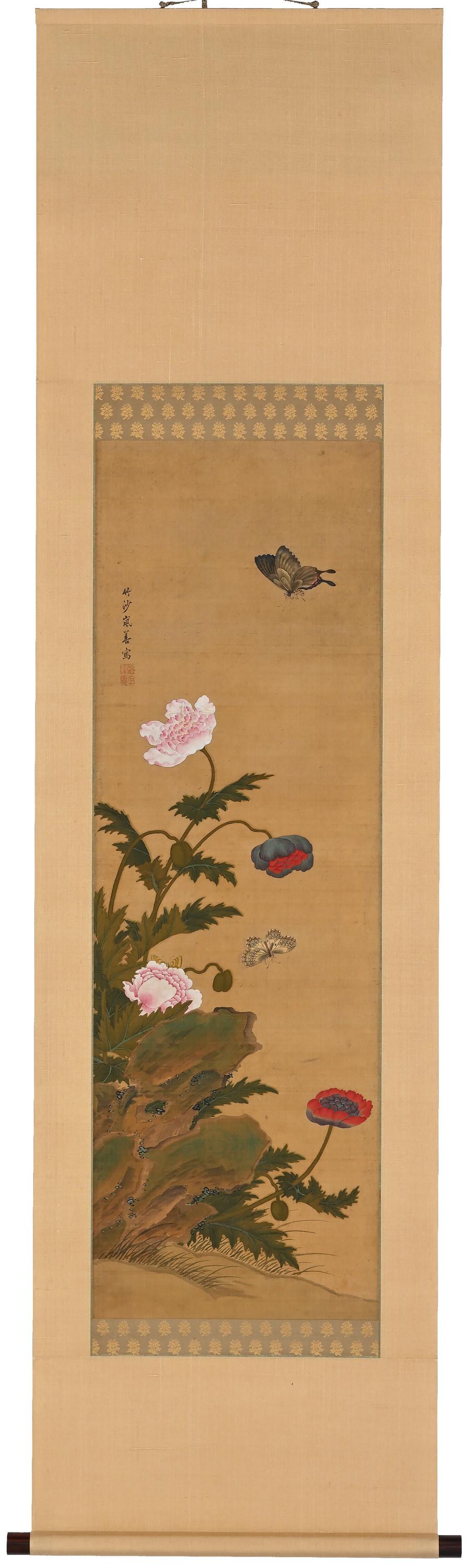 Poppies & Butterflies

Ink, pigment and gofun on silk

Igarashi Chikusa (1774-1844)

Signature: Chikusa Ran Zen

Upper Seal: Ran Shuzen
Lower Seal: Kyoho

Dimensions:

Scroll: H. 68” x W. 18” (172cm x 45cm)
Image: H. 38.5’’ x W. 12.5’’