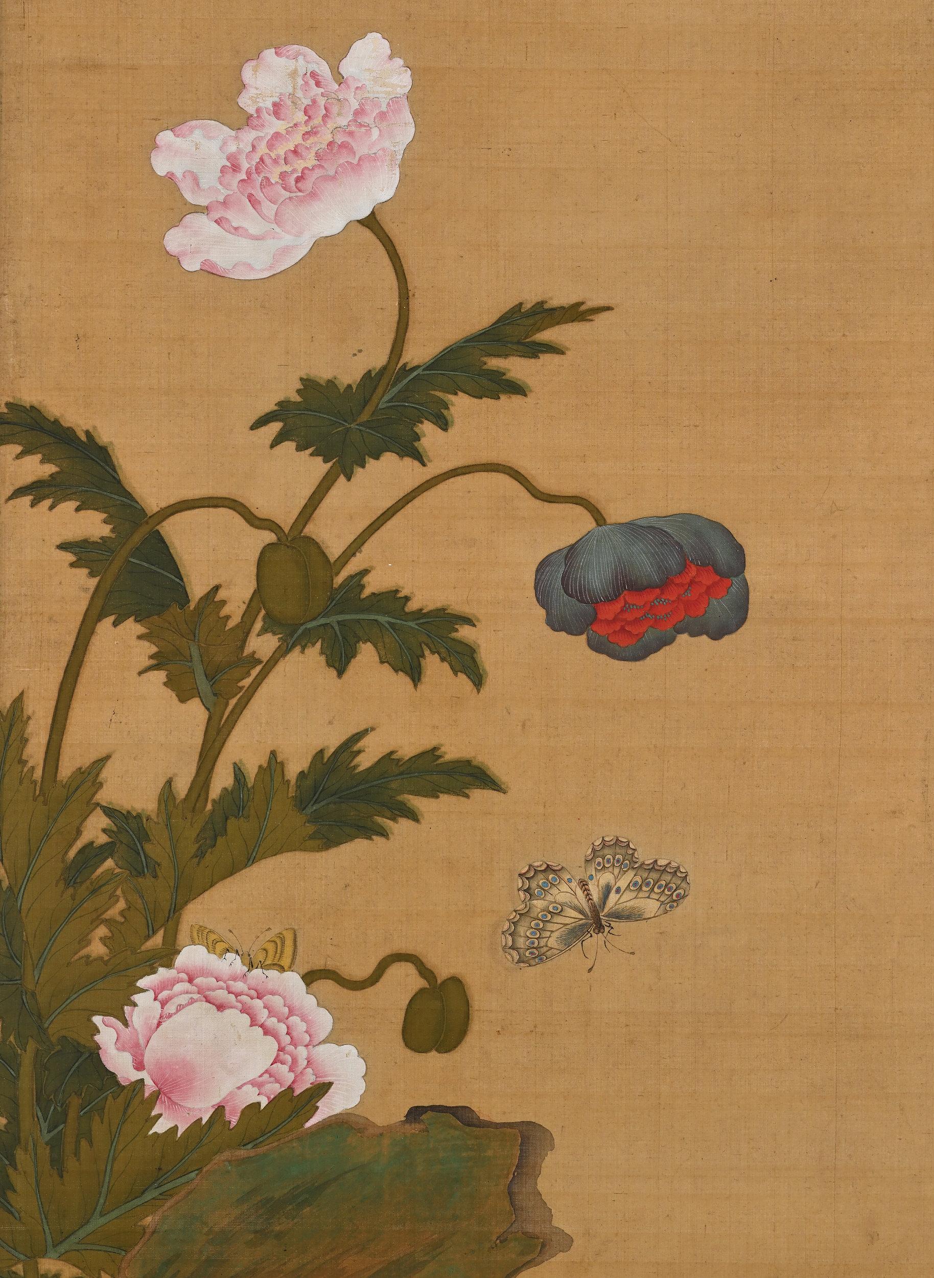 Edo 19th Century Japanese Scroll Painting by Igarashi Chikusa, Poppies & Butterflies For Sale