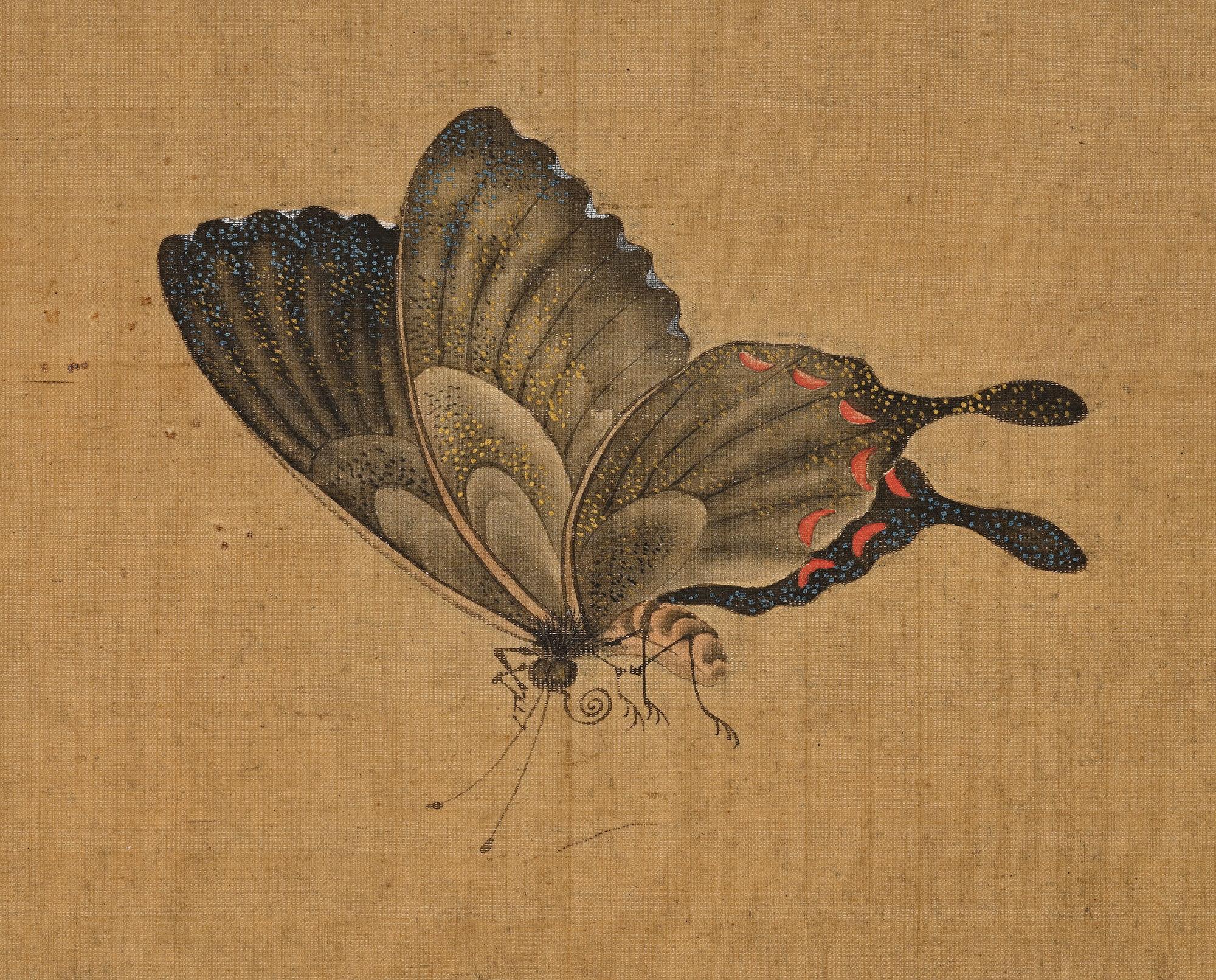 Hand-Painted 19th Century Japanese Scroll Painting by Igarashi Chikusa, Poppies & Butterflies For Sale