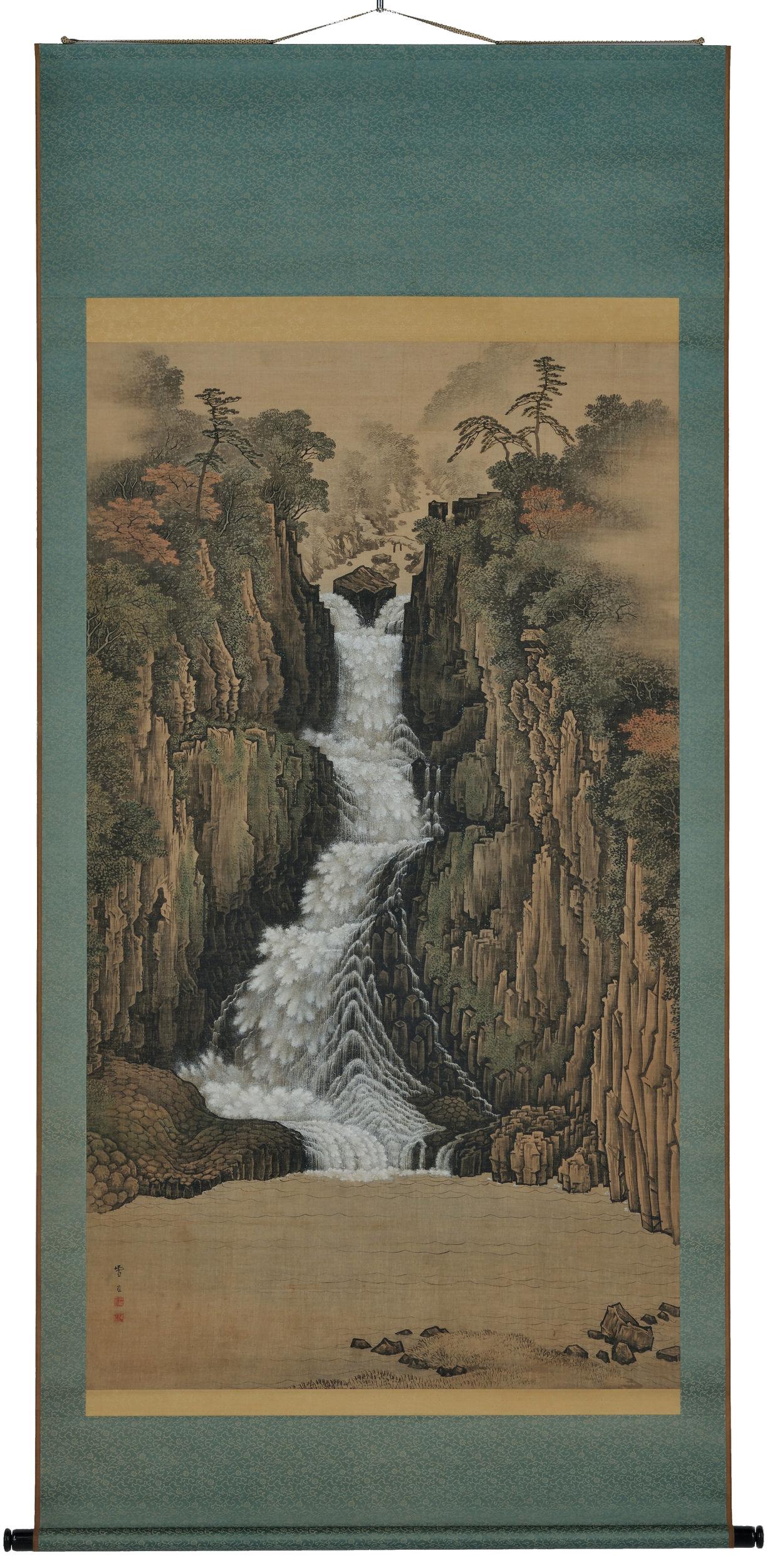 Nachi Waterfall

Sugitani Sessho (1827-1895),

circa 1885

Japanese scroll painting, ink and color on silk

Dimensions:

Scroll H 241 cm x W 111 cm

Image H 168 cm x W 95 cm

Nachi Falls is widely recognized as the tallest waterfall in