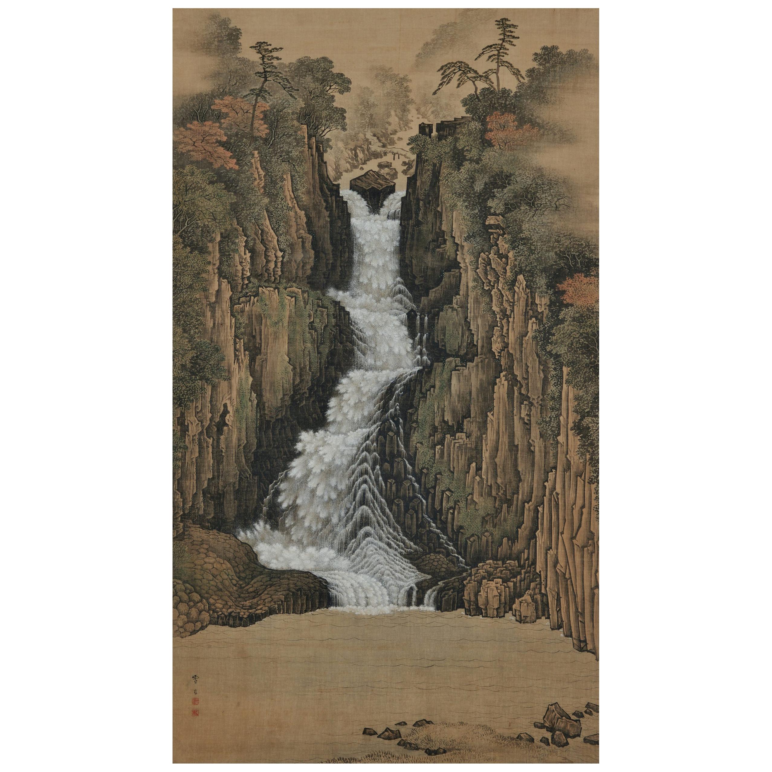 Japanese Scroll Painting, 19th Century Nachi Waterfall by Sugitani Sessho