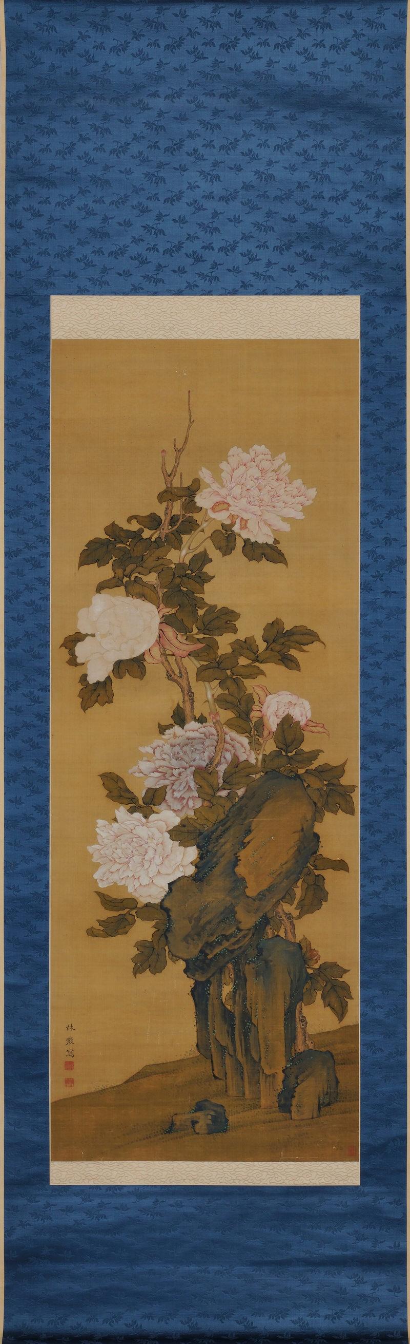 Hayashi Chisen (d. 1792)

‘’Peonies’’

Hanging scroll, ink, color and gofun on silk

Inscription: “Hayashi Gen Sha”

Upper seal: Hayashi Gen

Lower seal: Chisen

Dimensions:

Scroll:  187 cm x 56 cm (74’’ x 22’’)

Image:  112 cm x 42