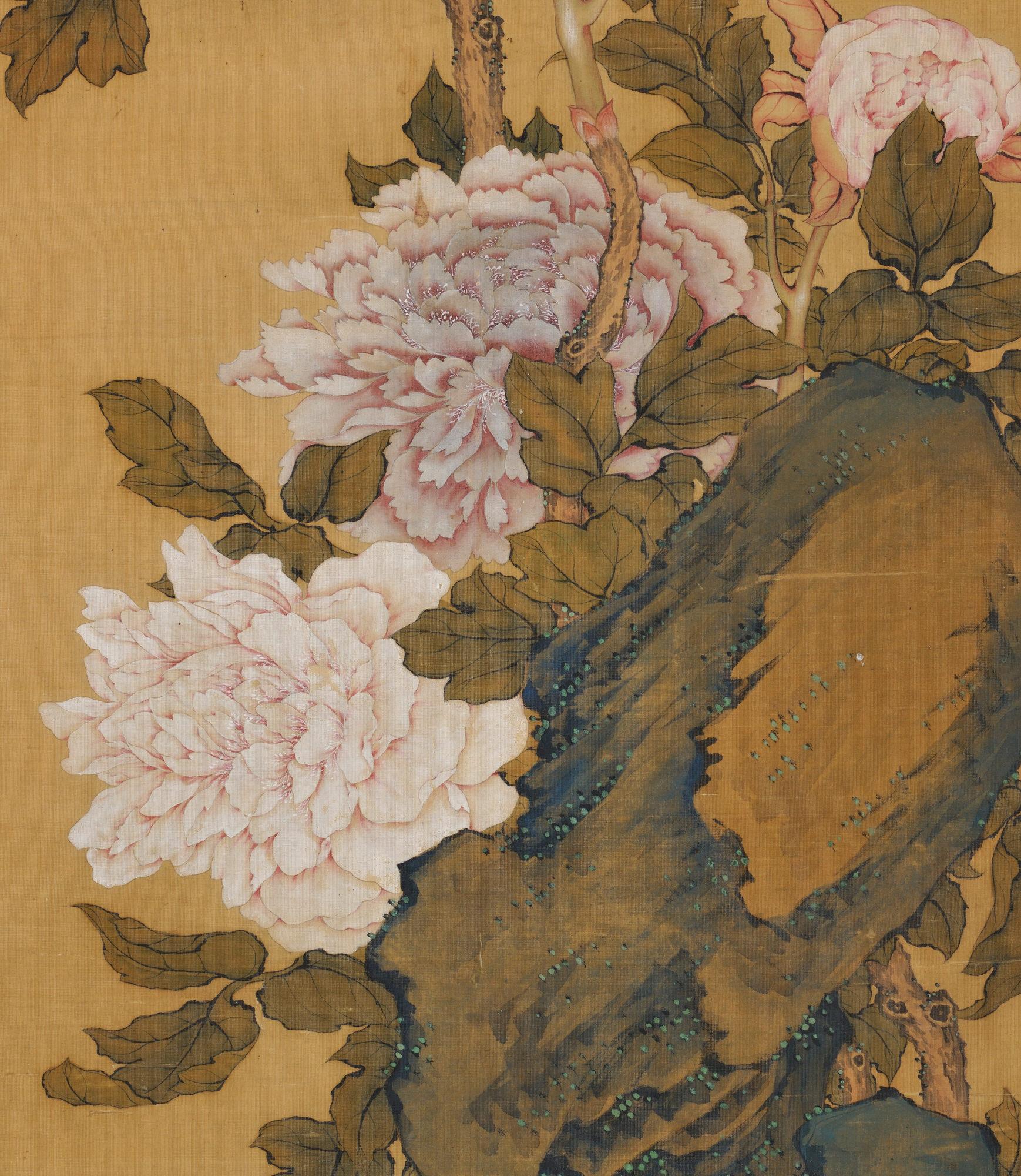 Edo 19th Century Japanese Scroll Painting. Peonies. Hayashi Chisen, Nanpin School