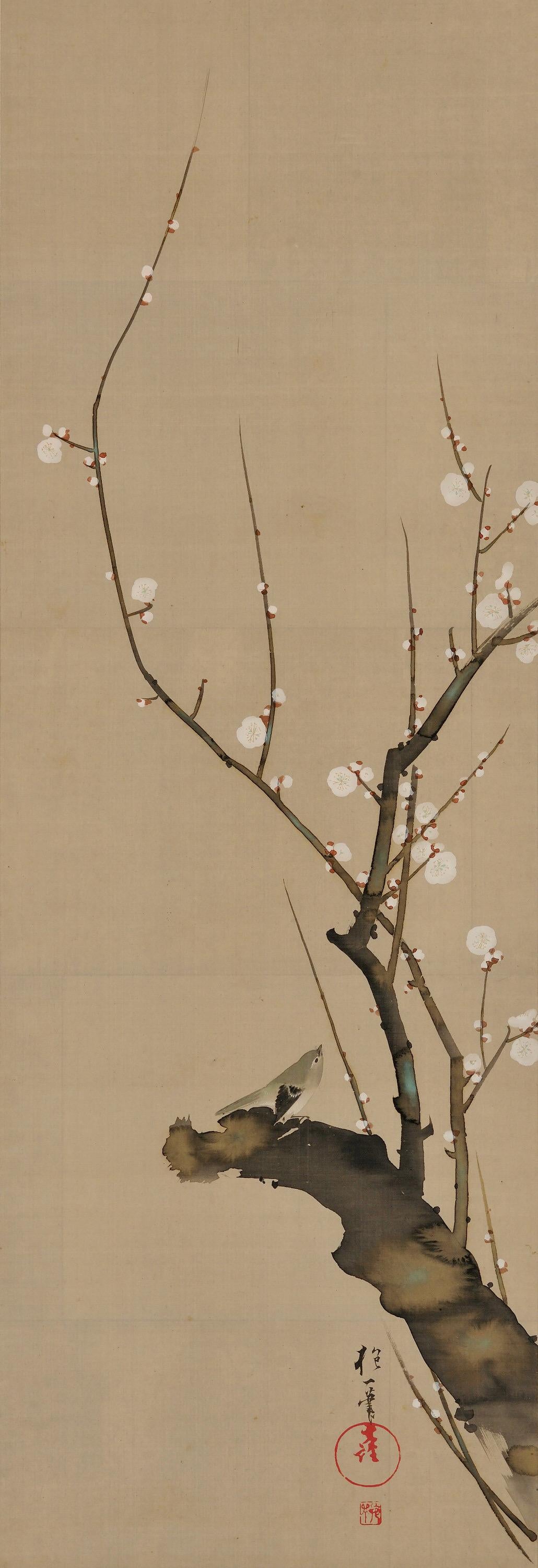 Bush Warbler in a plum tree and autumn grasses and full moon.

Sakai Hoitsu (1761-1828)

Early 19th century, Japan, Edo period.

Pair of hanging scrolls, ink and pigment on silk.

Signed: Hoitsu hitsu

Seals:
Upper - Bunsen
Lower -
