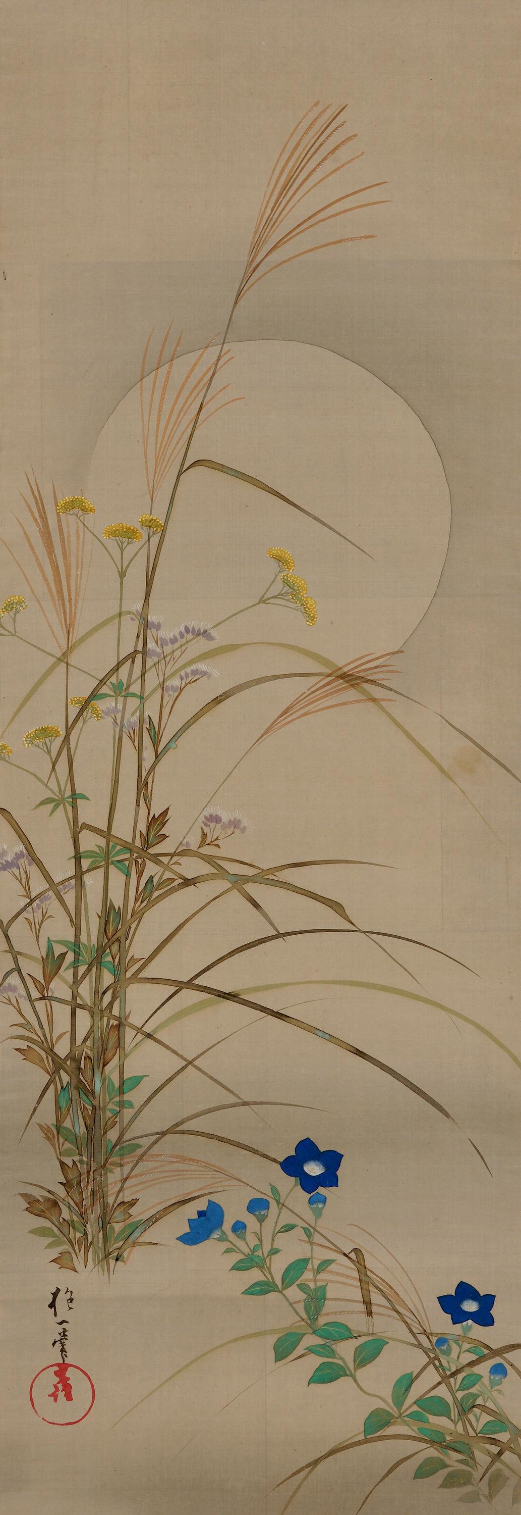 Edo 19th Century Japanese Scroll Pair, Plum and Autumn Moon by Sakai Hoitsu