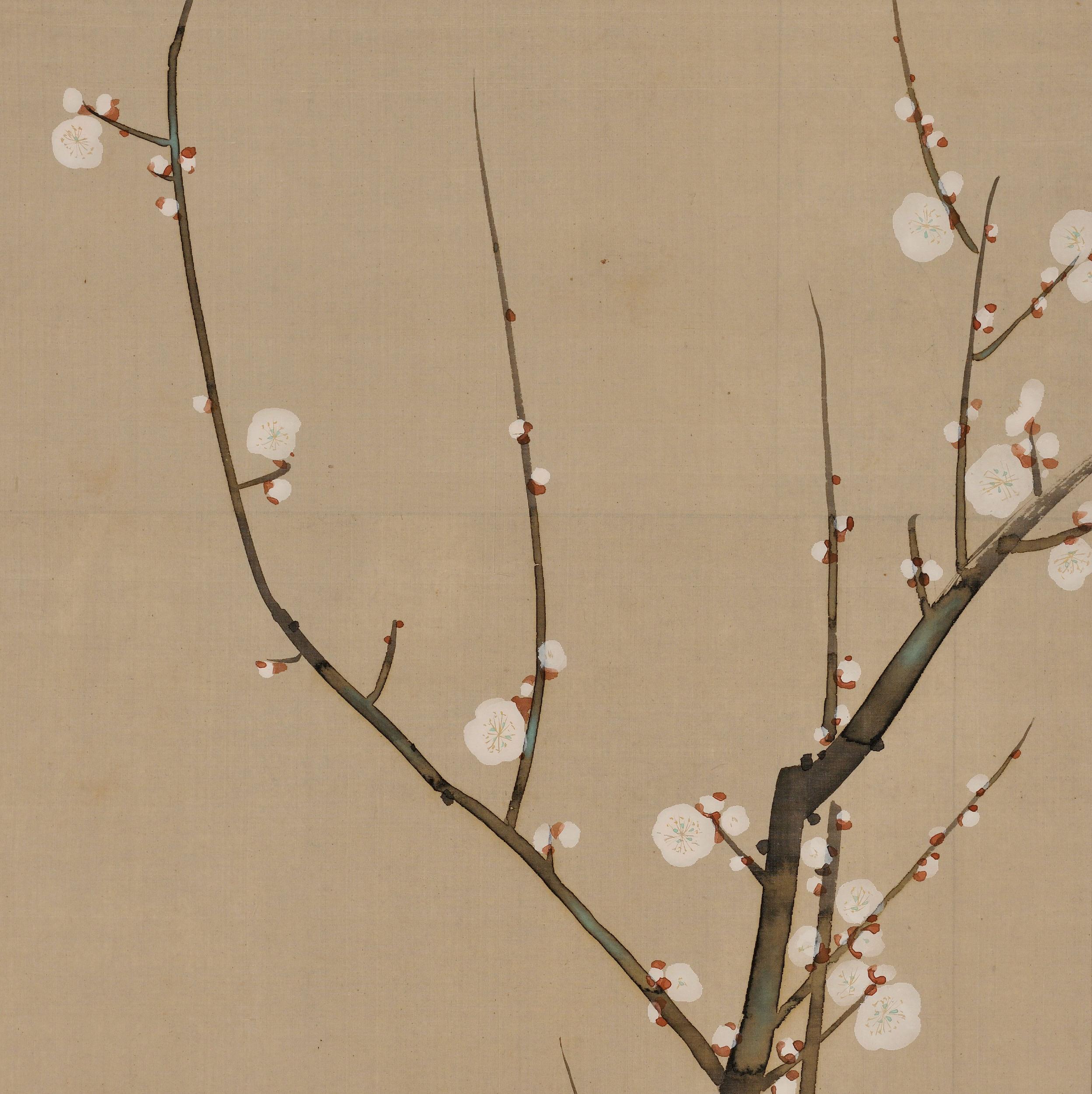 Silk 19th Century Japanese Scroll Pair, Plum and Autumn Moon by Sakai Hoitsu
