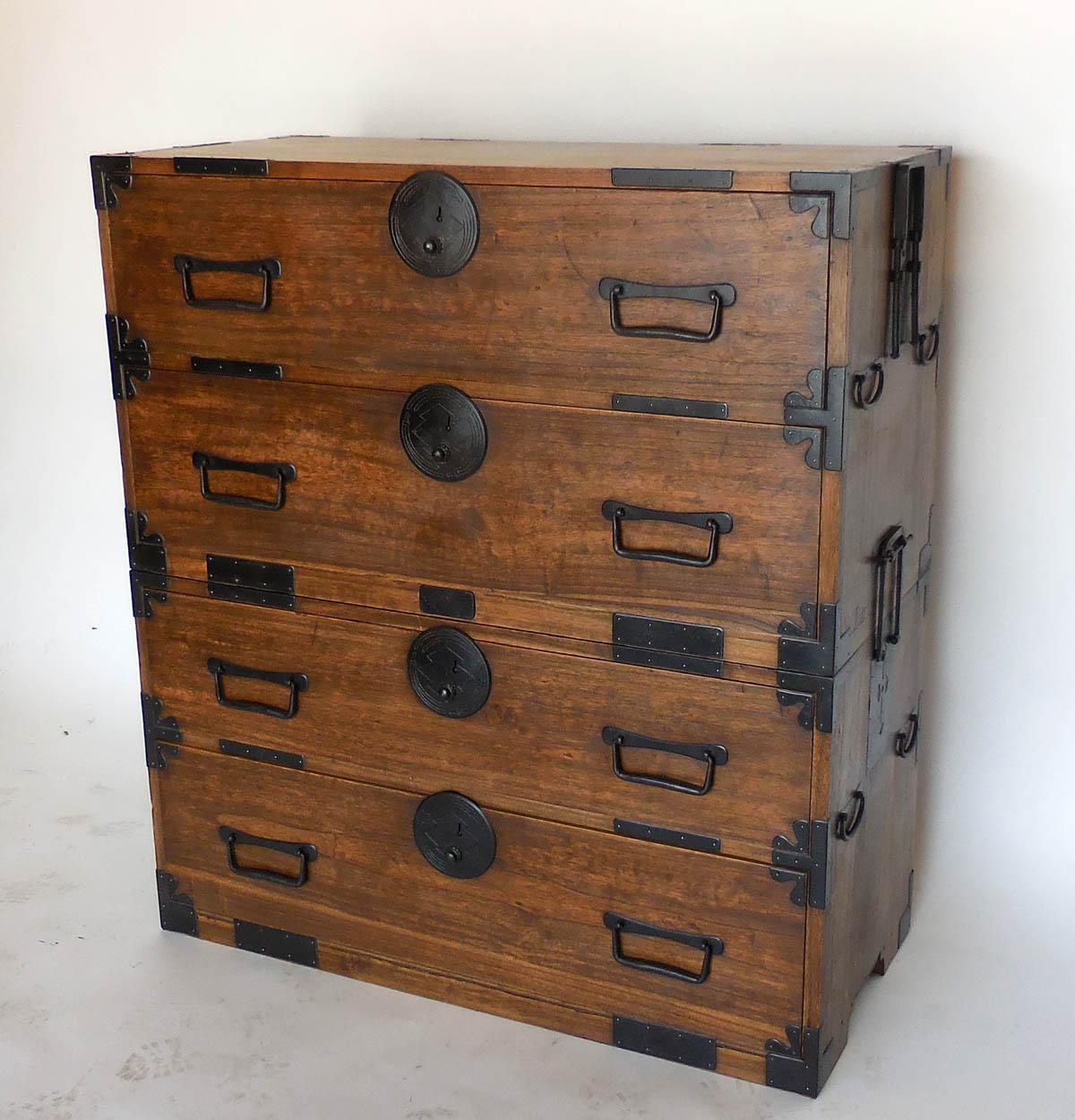 19th century Japanese double stacked (two tansus) with drawers. Can be separated into two separate pieces, and used separately. All original hardware, and bamboo nails. This was an old shop cabinet and each drawer has open handles on the inside for