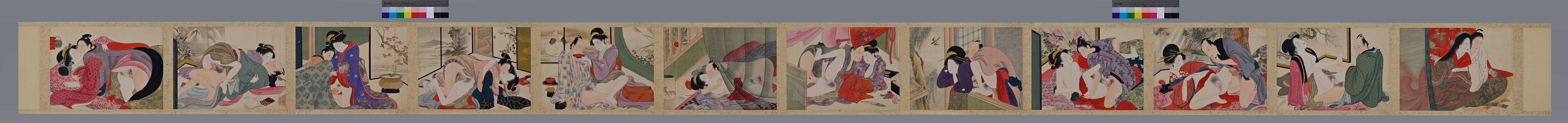 Shunga 

Unknown artist

Meiji era, circa 1880

Hand-scroll mounted with 12 paintings

Ink, pigment and gofun on silk

Dimensions:

Each image measures H. 23.2 cm x W. 34.4 cm (9.15” x 13.5”)
The hand-scroll measures H. 28 cm x W. 540