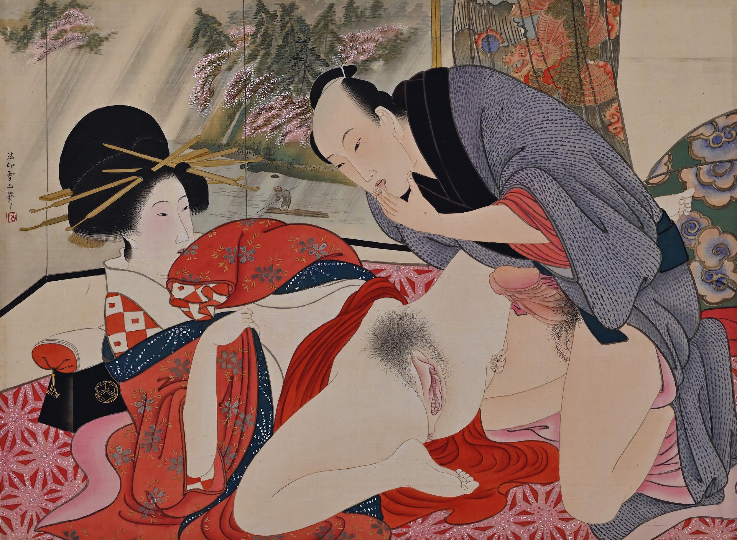 Peint à la main Rouleau Shunga japonais du 19ème siècle, école Katsukawa en vente