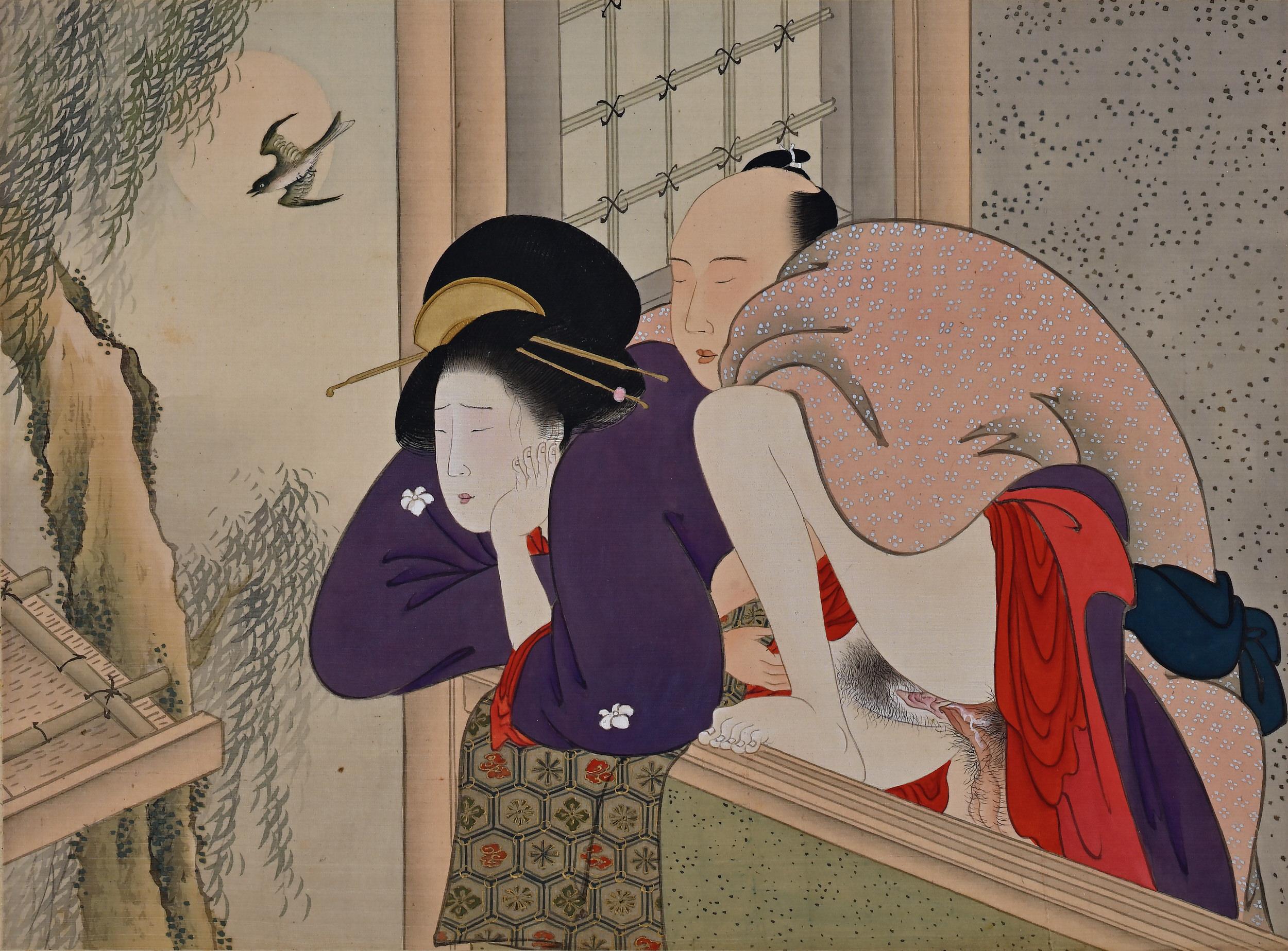 Japanische Shunga-Handgeschriebene Handschrift des 19. Jahrhunderts, Katsukawa-Schule (Seide) im Angebot