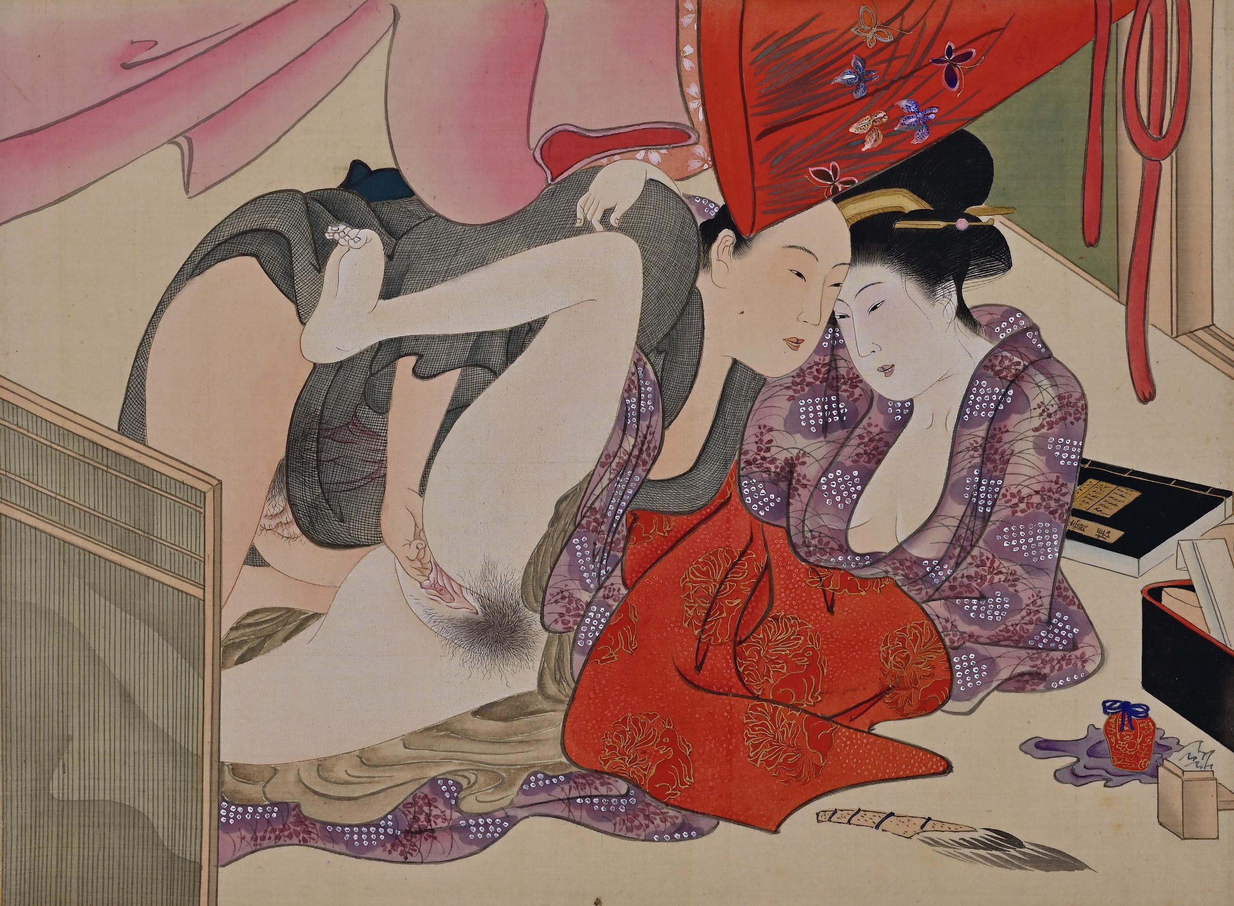 Silk 19th Century Japanese Shunga Hand-Scroll, Katsukawa School For Sale