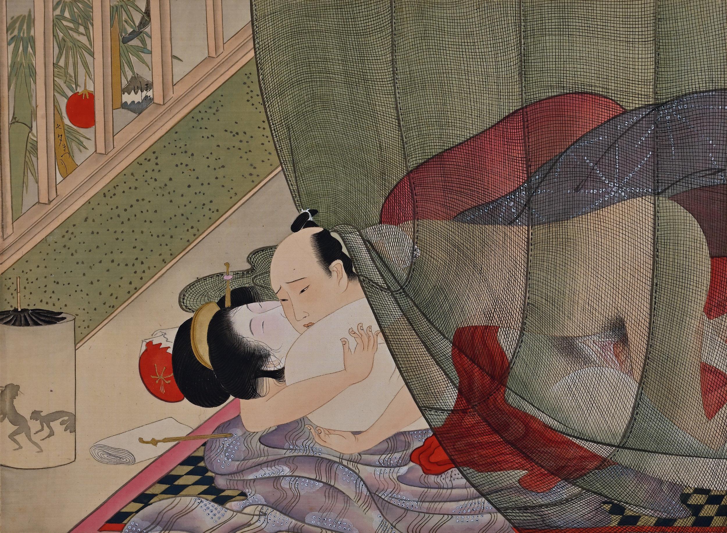 Soie Rouleau Shunga japonais du 19ème siècle, école Katsukawa en vente