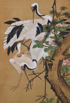 19th Century Japanese Silk Painting by Kano Chikanobu, Crane, Pine & Camelia