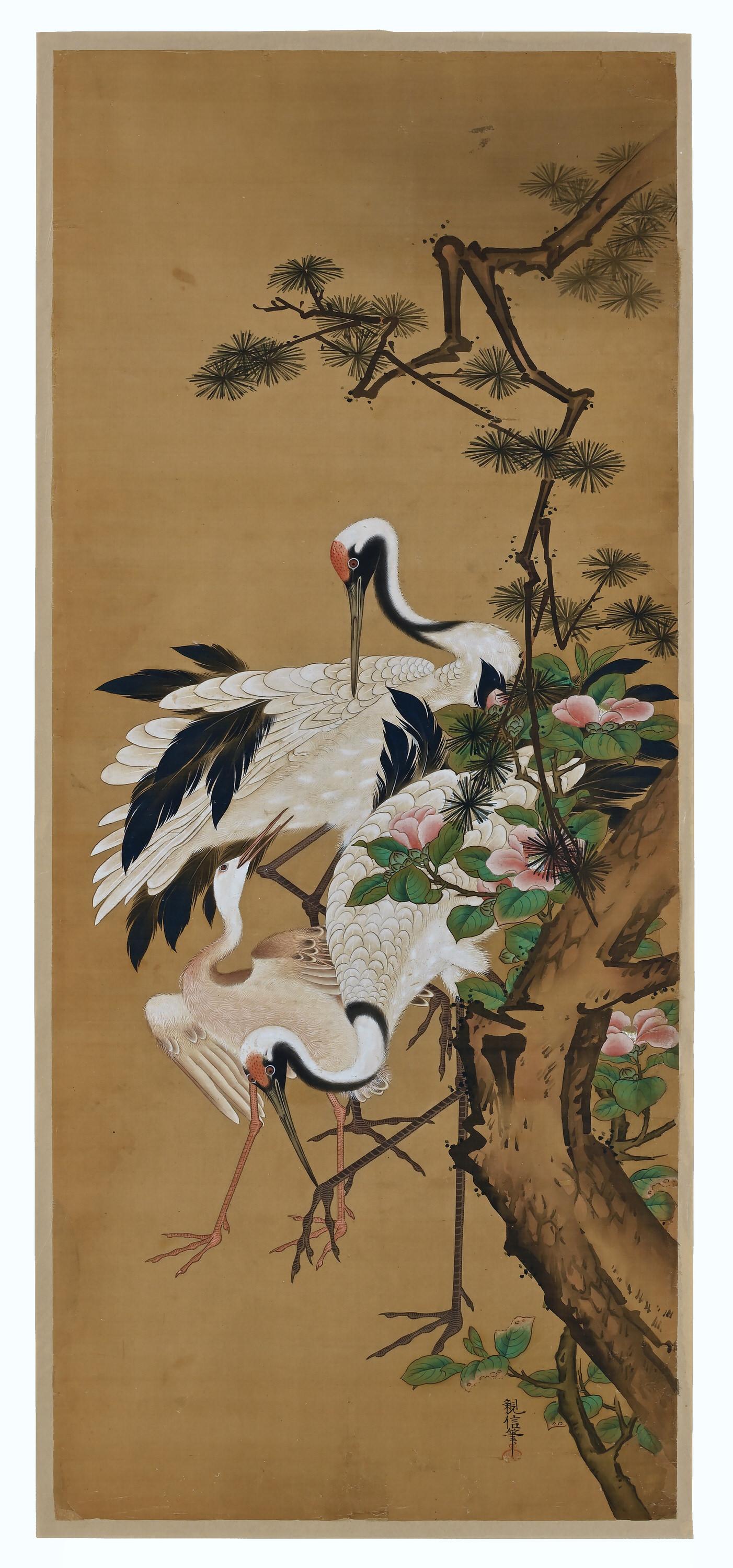 Edo 19th Century Japanese Silk Painting by Kano Chikanobu, Crane, Pine & Camelia
