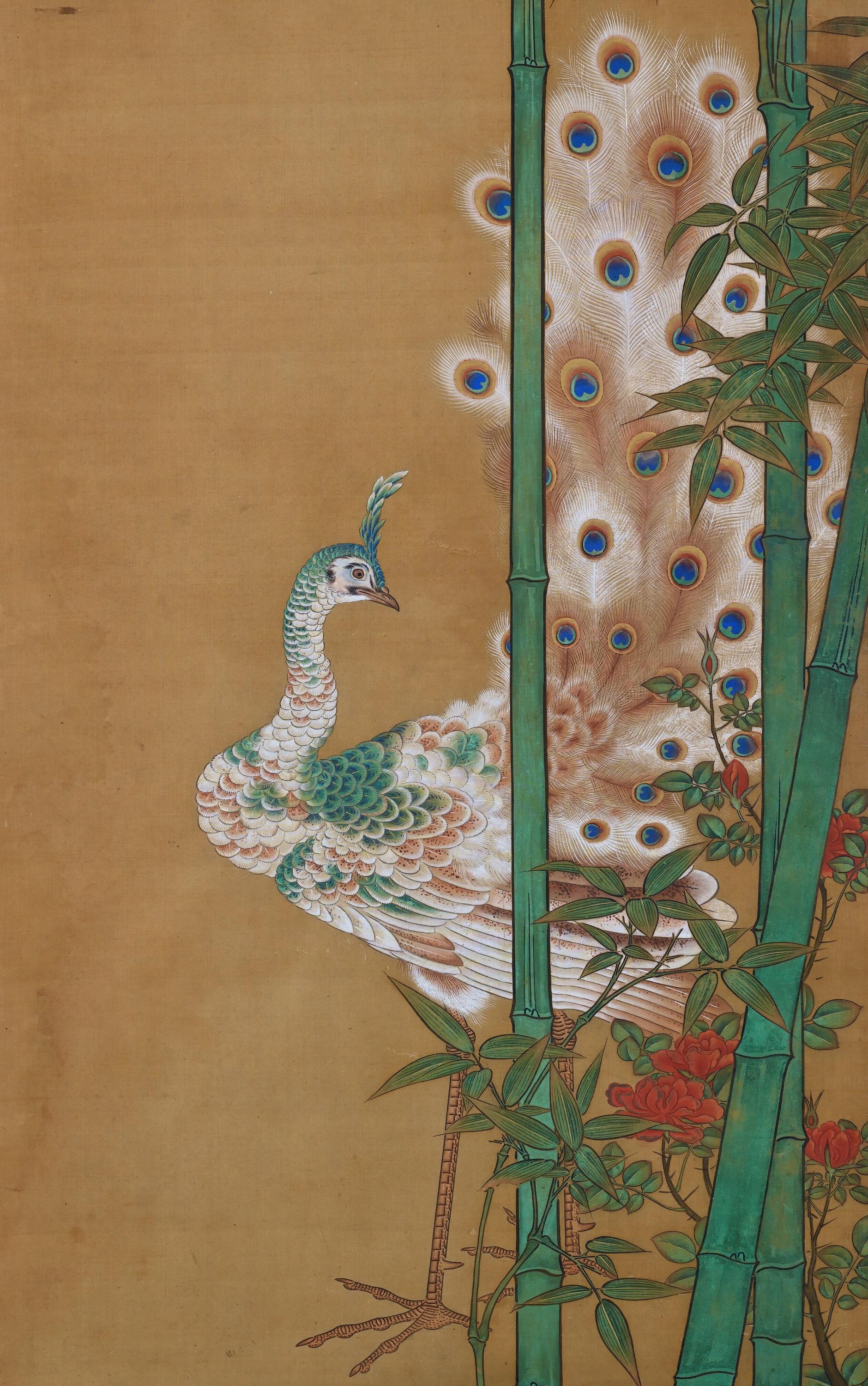 Peint à la main Peinture japonaise du 19ème siècle en soie de Kano Chikanobu, paon et bambou en vente